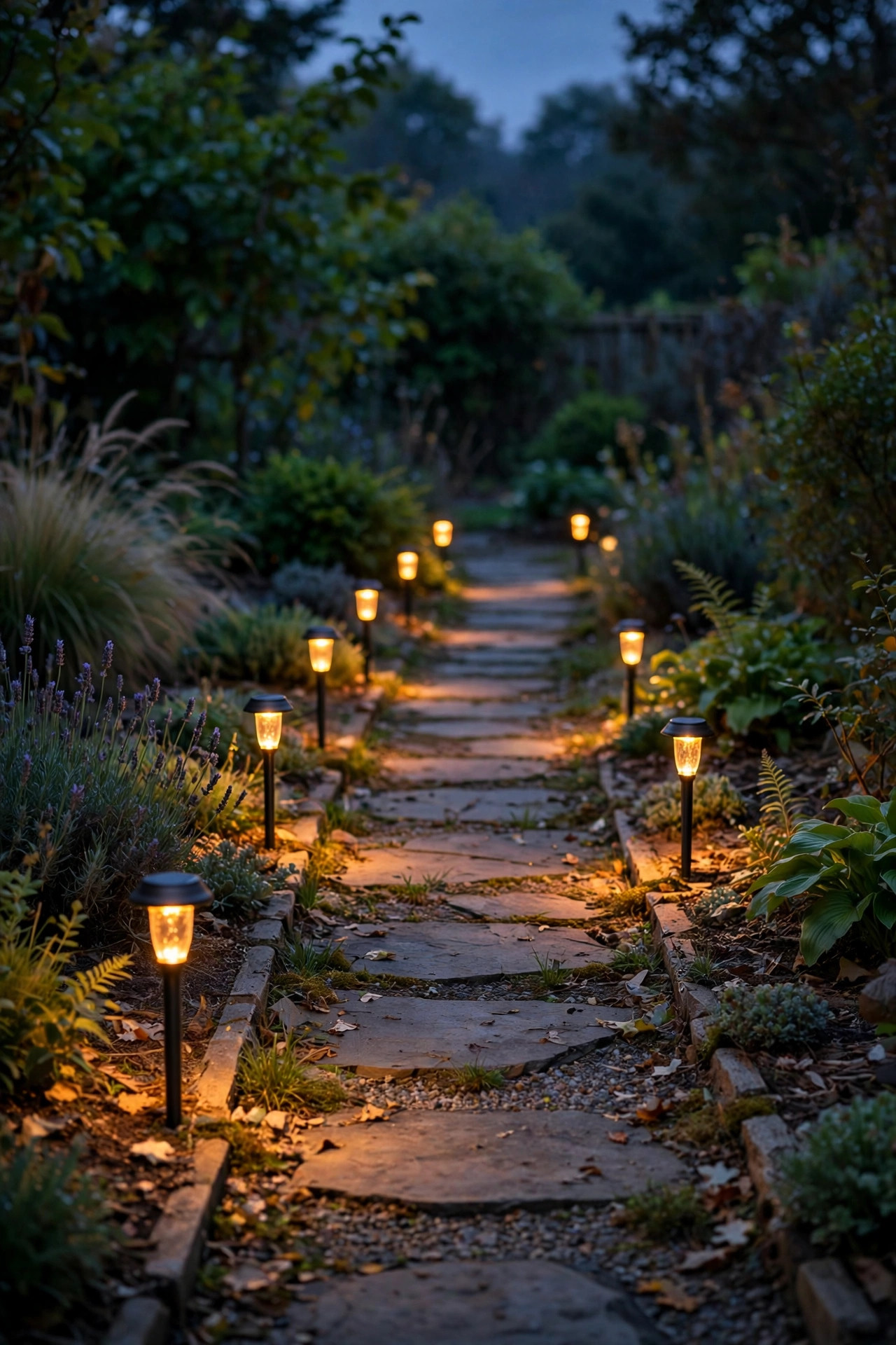 Low dim solar path stakes glowing warm amber along a garden path at twilight