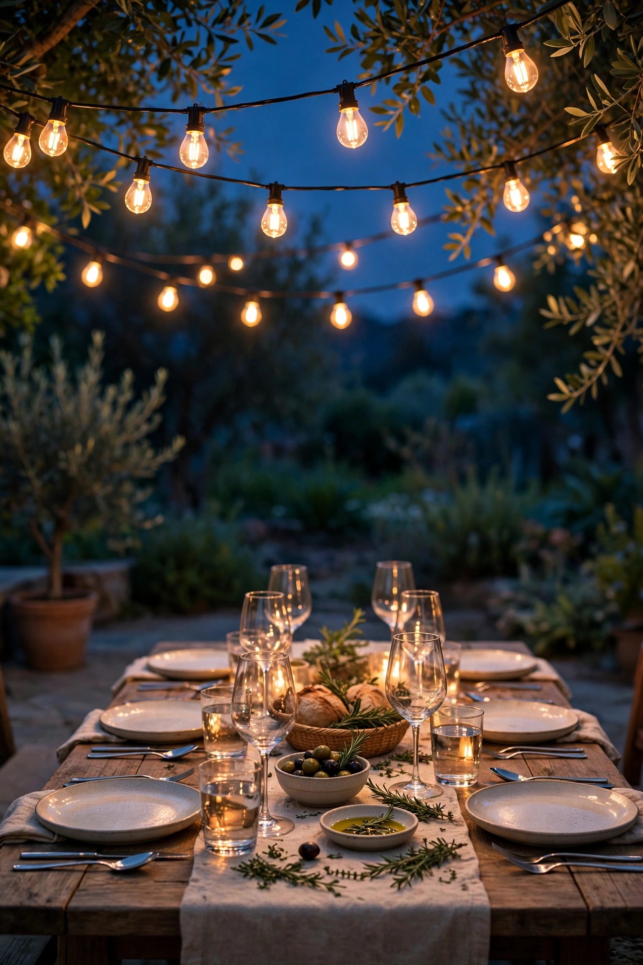 Dimmable filament LED string lights glowing at a soft warm level over an outdoor dinner table set for guests, plates and glasses catching the light at dusk