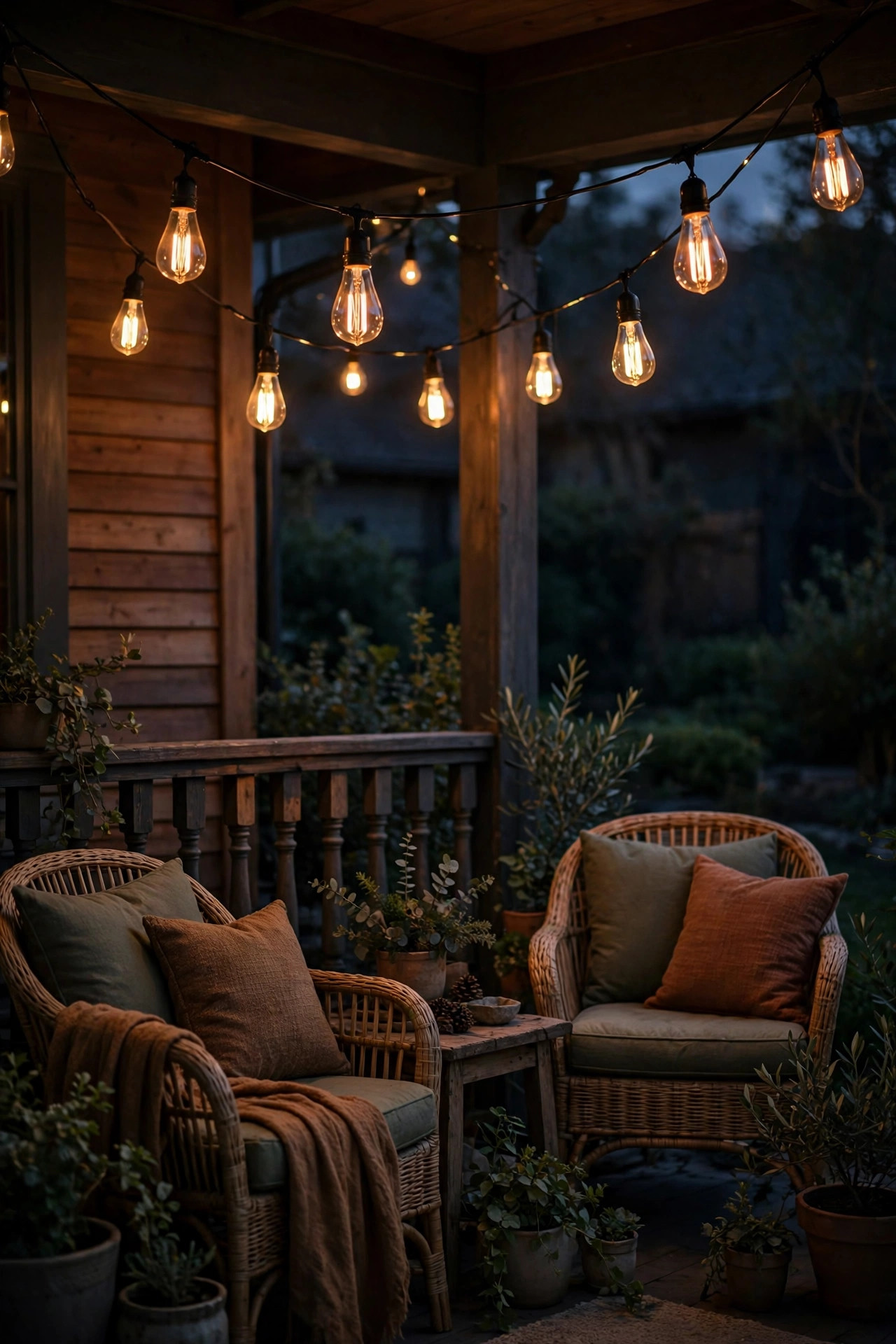 Dimmable vintage filament bulbs glowing low and ember-warm over a porch seating area at night