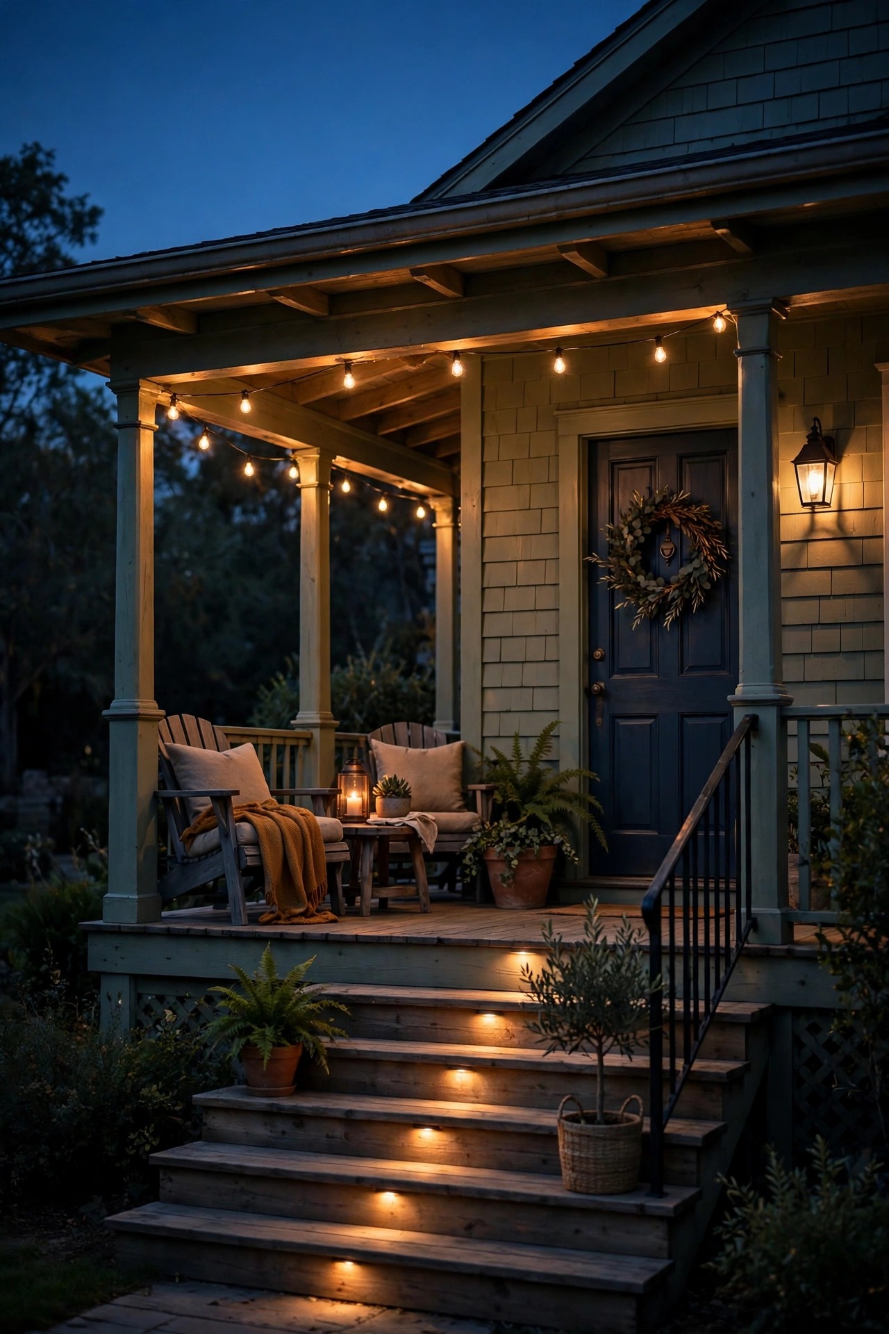 Front porch at dusk with softly dimmed warm lighting, gentle low-lumen glow over seating and steps under a dark sky