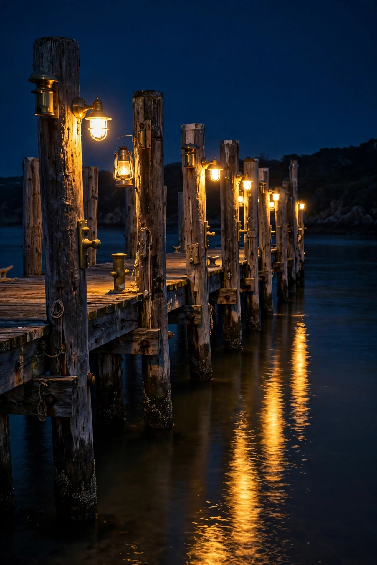 Warm dock lights glowing along wooden pier pilings at night with reflections on calm water