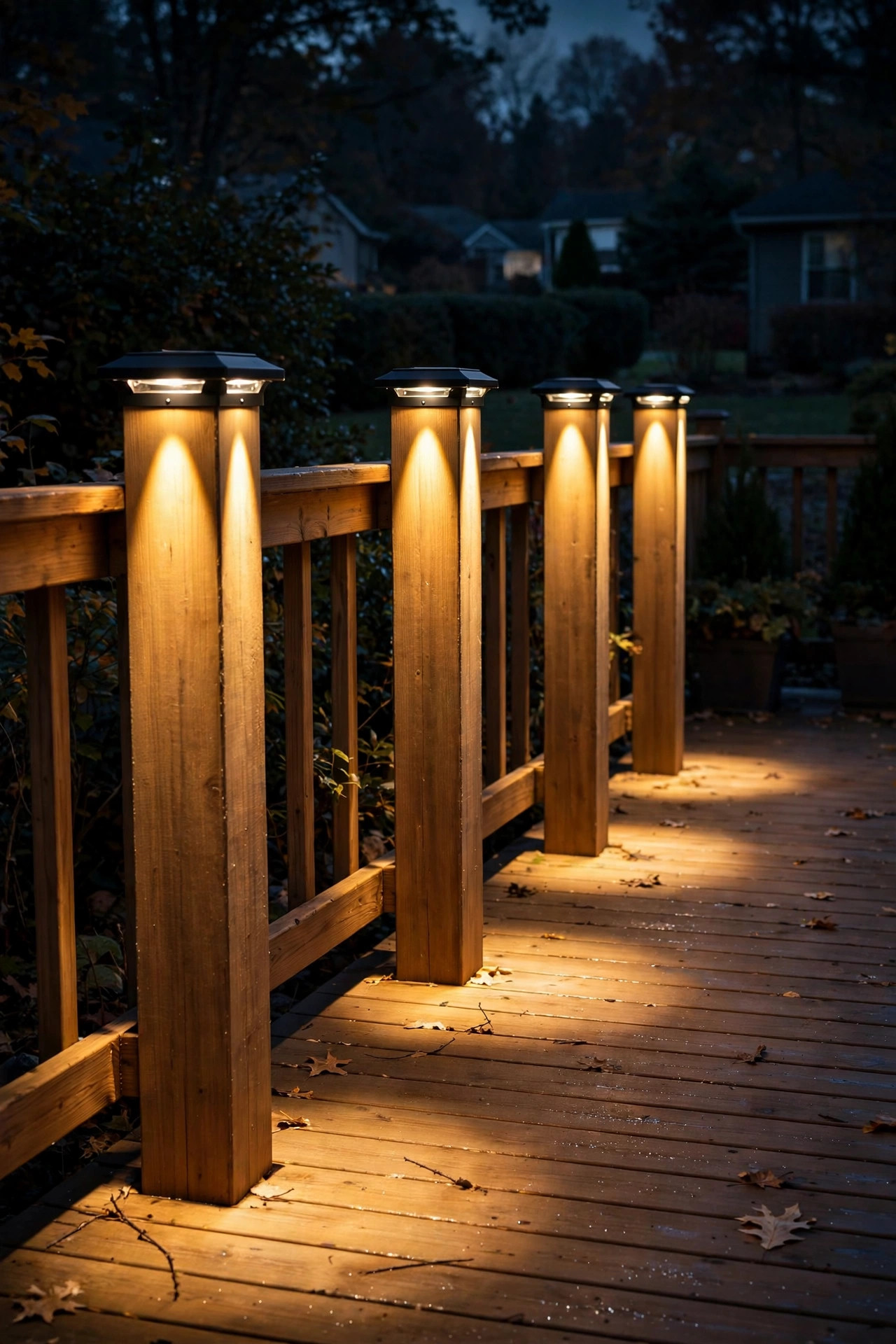 Downlight deck post cap lights washing warm light down wooden posts onto deck boards at night