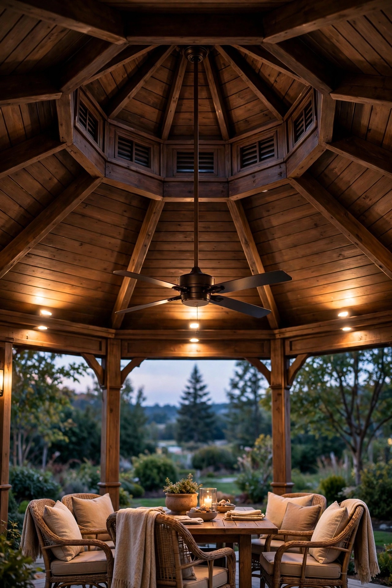Ceiling fan on a long downrod hanging from a vaulted gazebo cupola ceiling with warm light over the seating below