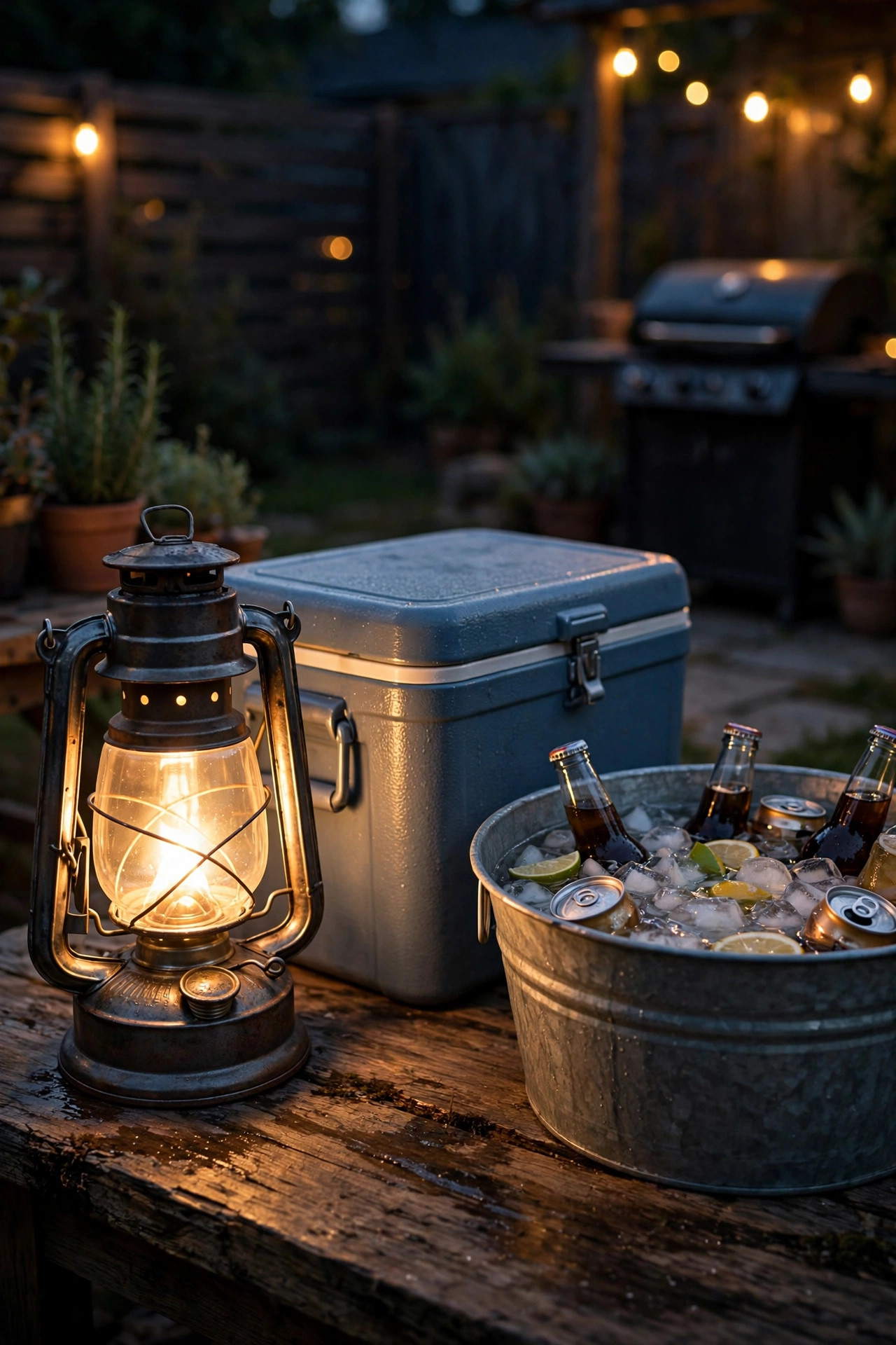 Battery lantern glowing beside a beverage cooler and drink tub at a backyard cookout at night