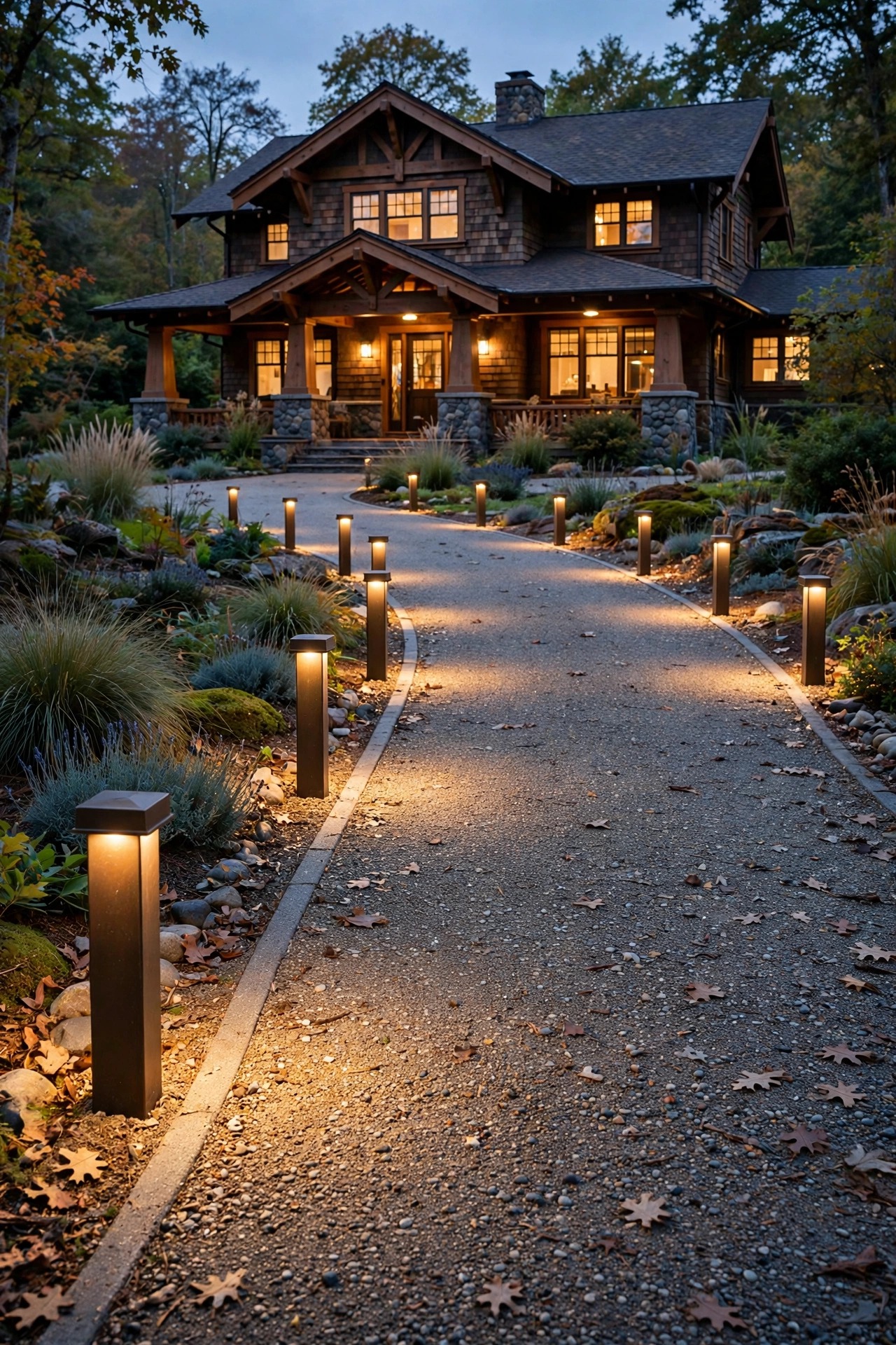 Low squared bronze bollard lights spaced along a curved gravel driveway leading to a craftsman home at dusk