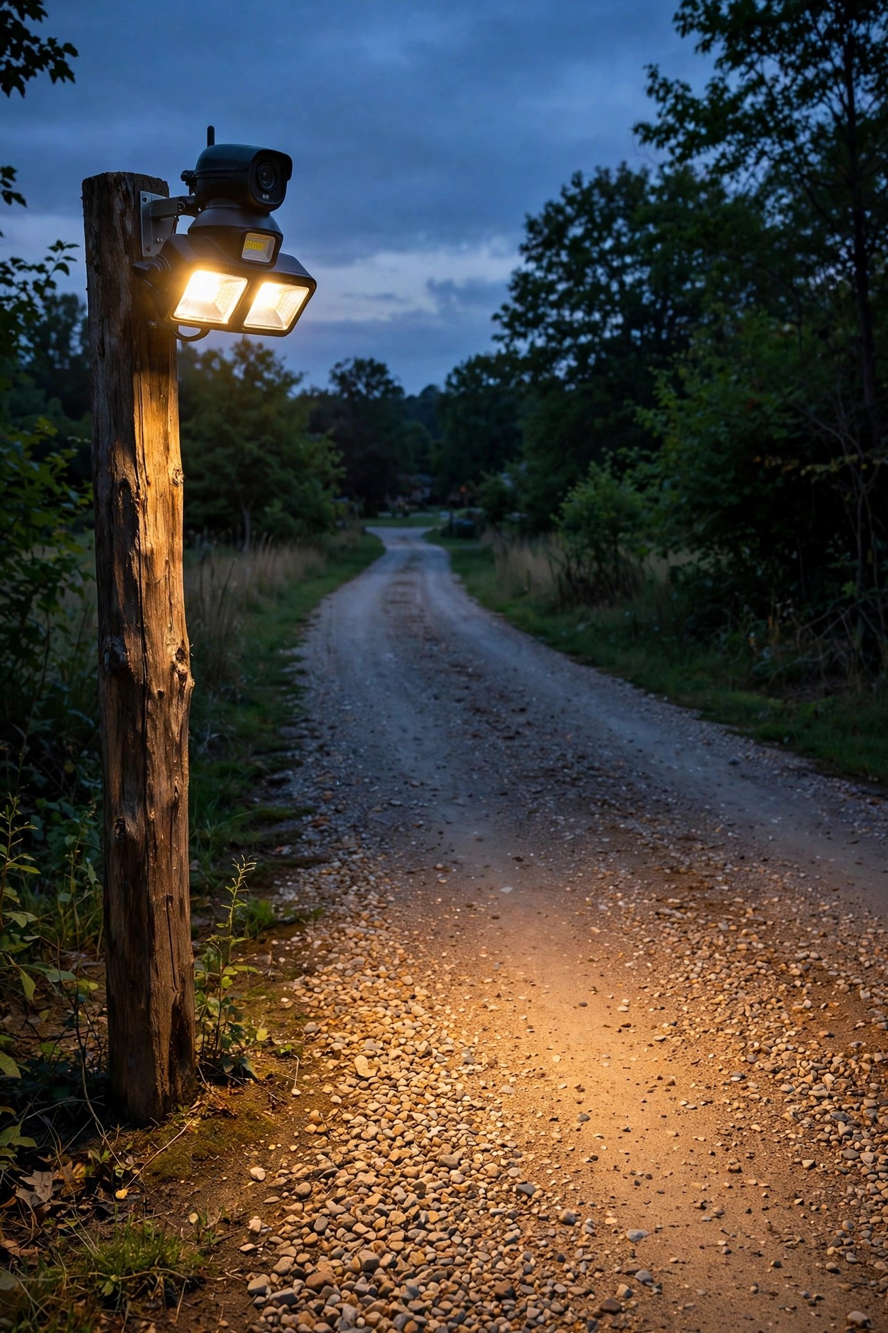 Flood light camera mounted on a wooden post at the entrance of a long gravel driveway at dusk, warm light across the drive
