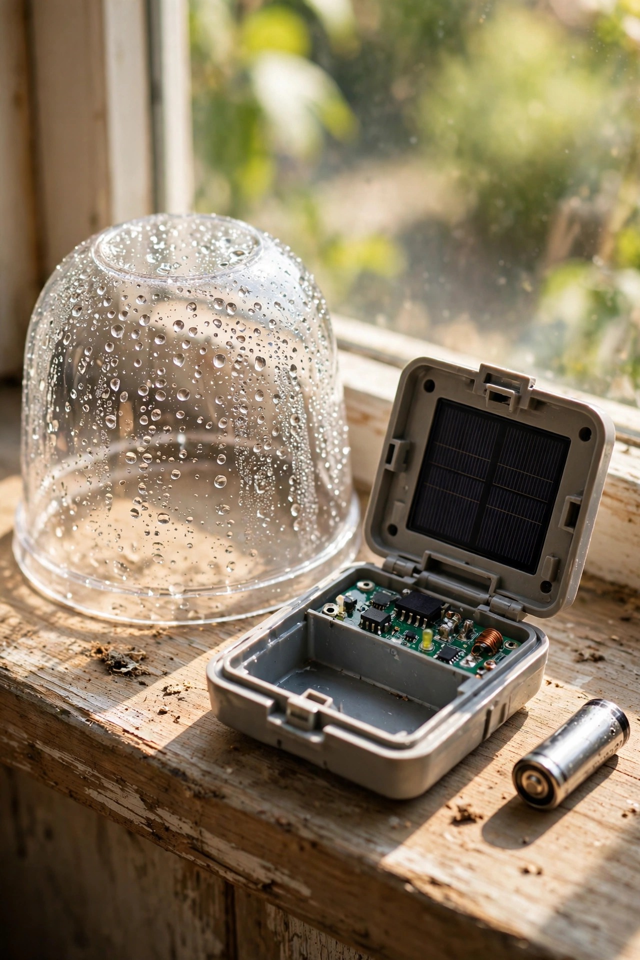 An opened solar garden light with visible condensation inside its clear cover, drying on a sunny windowsill with its battery removed