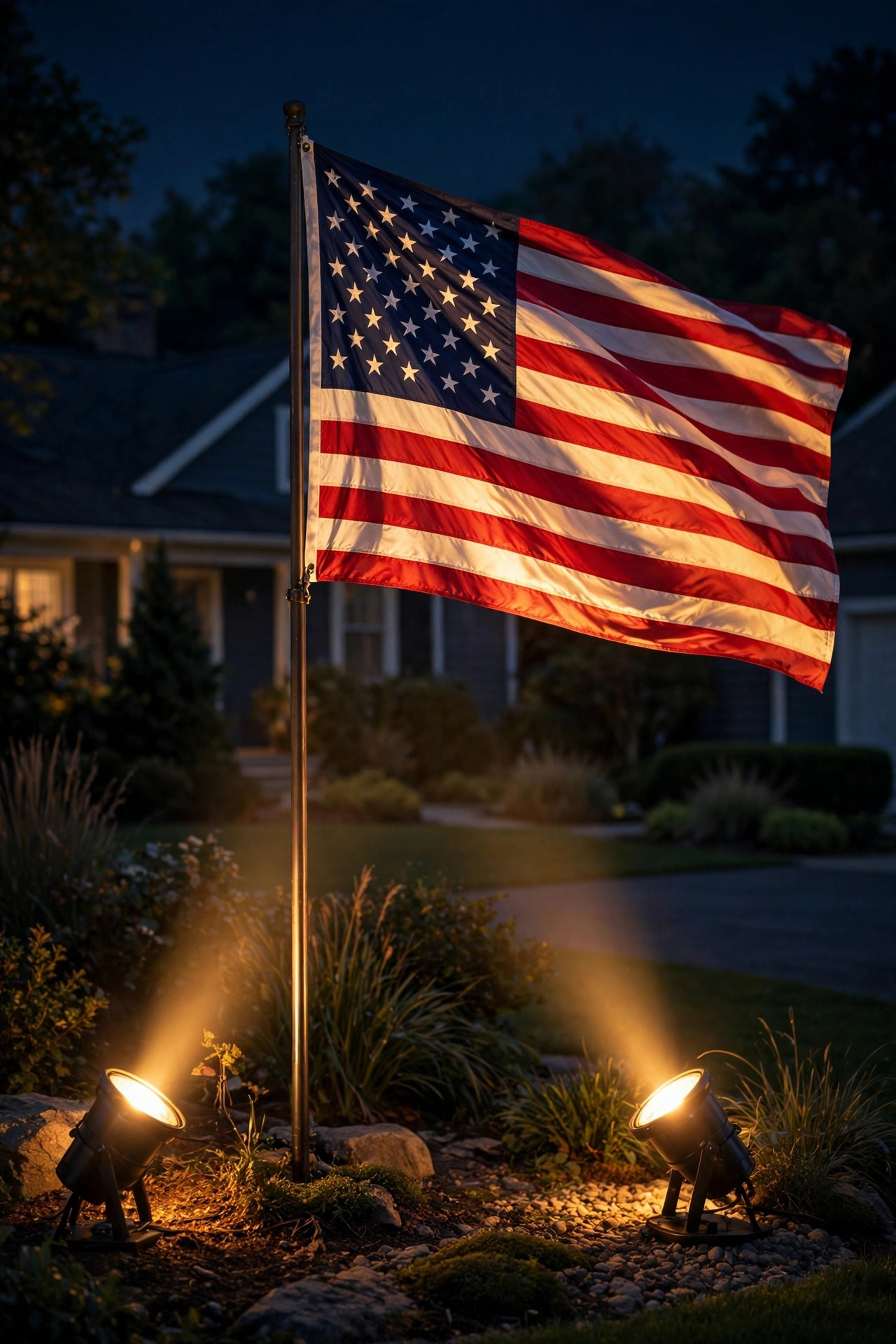 Two ground spotlights at angles washing an American flag in warm light on a breezy night, flag streaming sideways fully lit
