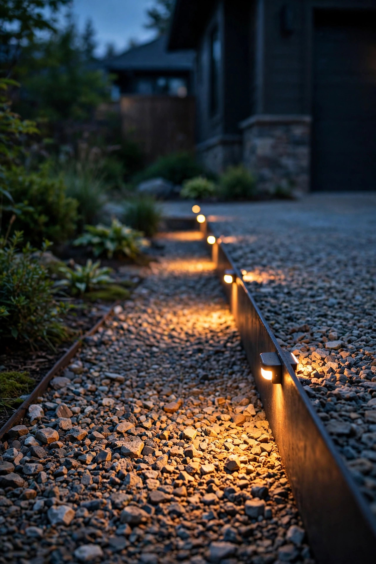 Small lights mounted directly onto the steel edging of a gravel driveway washing warm light across the stones