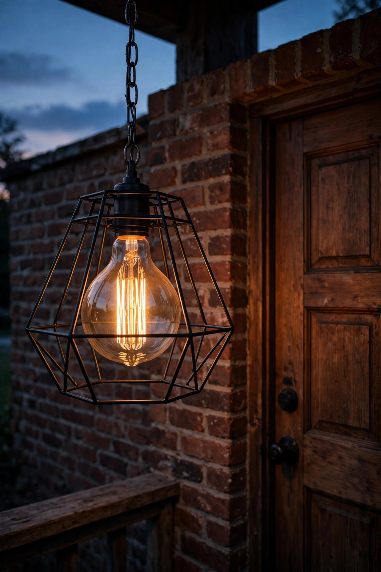 Industrial wire cage pendant with glowing Edison bulb hanging on a brick front porch