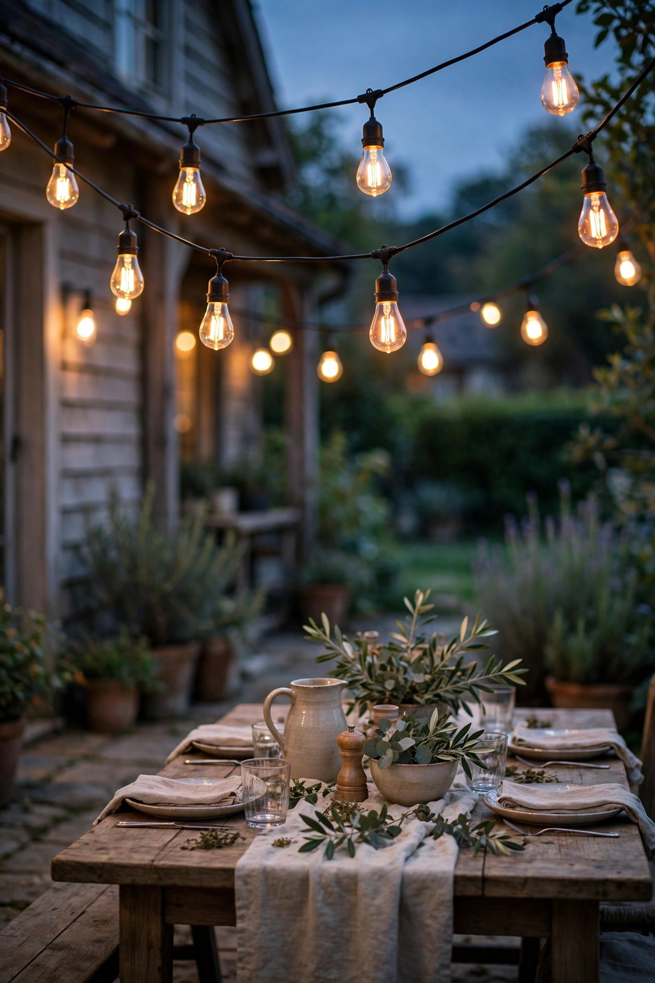 Edison bulb string lights with black cable swagged over a farmhouse patio dining table at dusk
