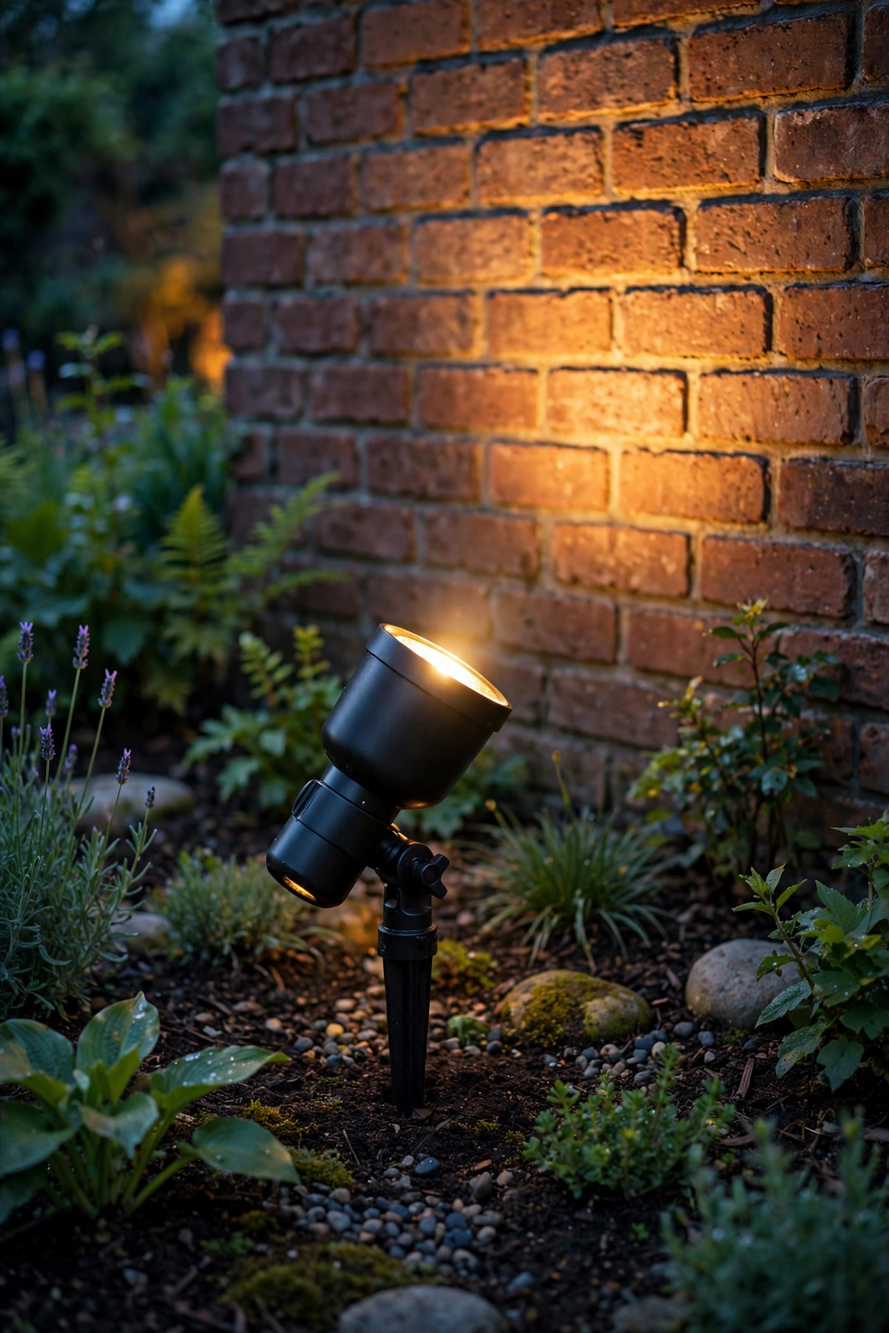 Homeowner adjusting an aimable bullet landscape light at dusk during a wall washing installation