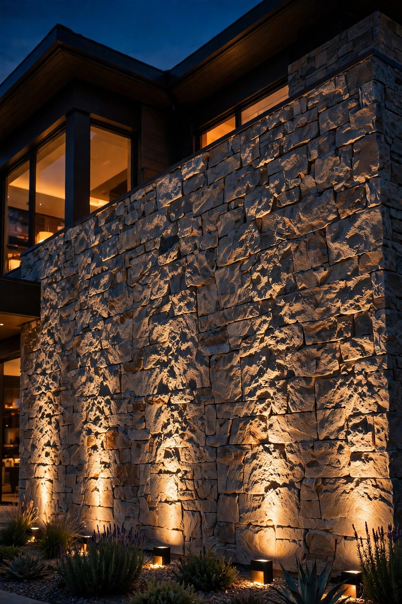 Warm light grazing up a textured stone facade of a luxury home at night, narrow beam uplights hidden at the base of the wall