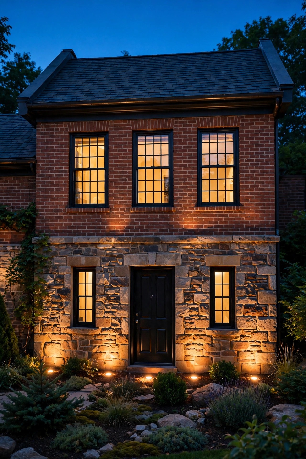 In-ground well lights washing a traditional brick and stone facade with soft warm uplight at dusk