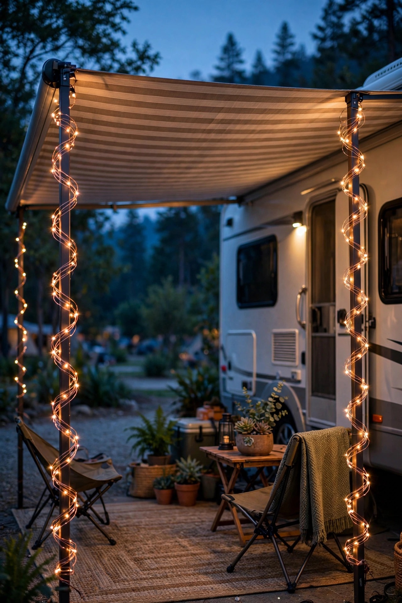 Copper-wire fairy lights spiraling up the awning poles of an RV patio at twilight