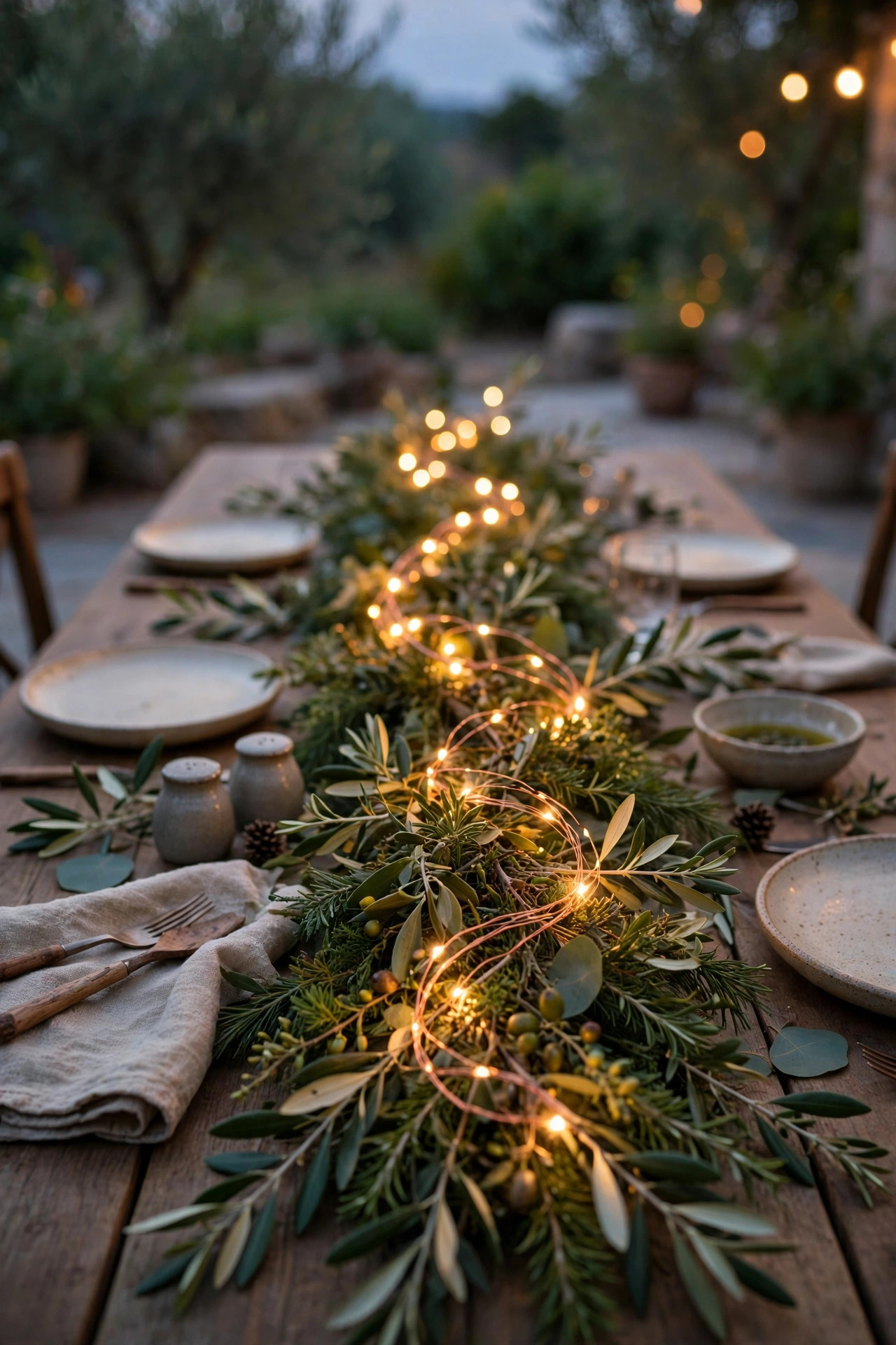 Copper wire fairy lights woven through a green garland running down the center of a dinner table