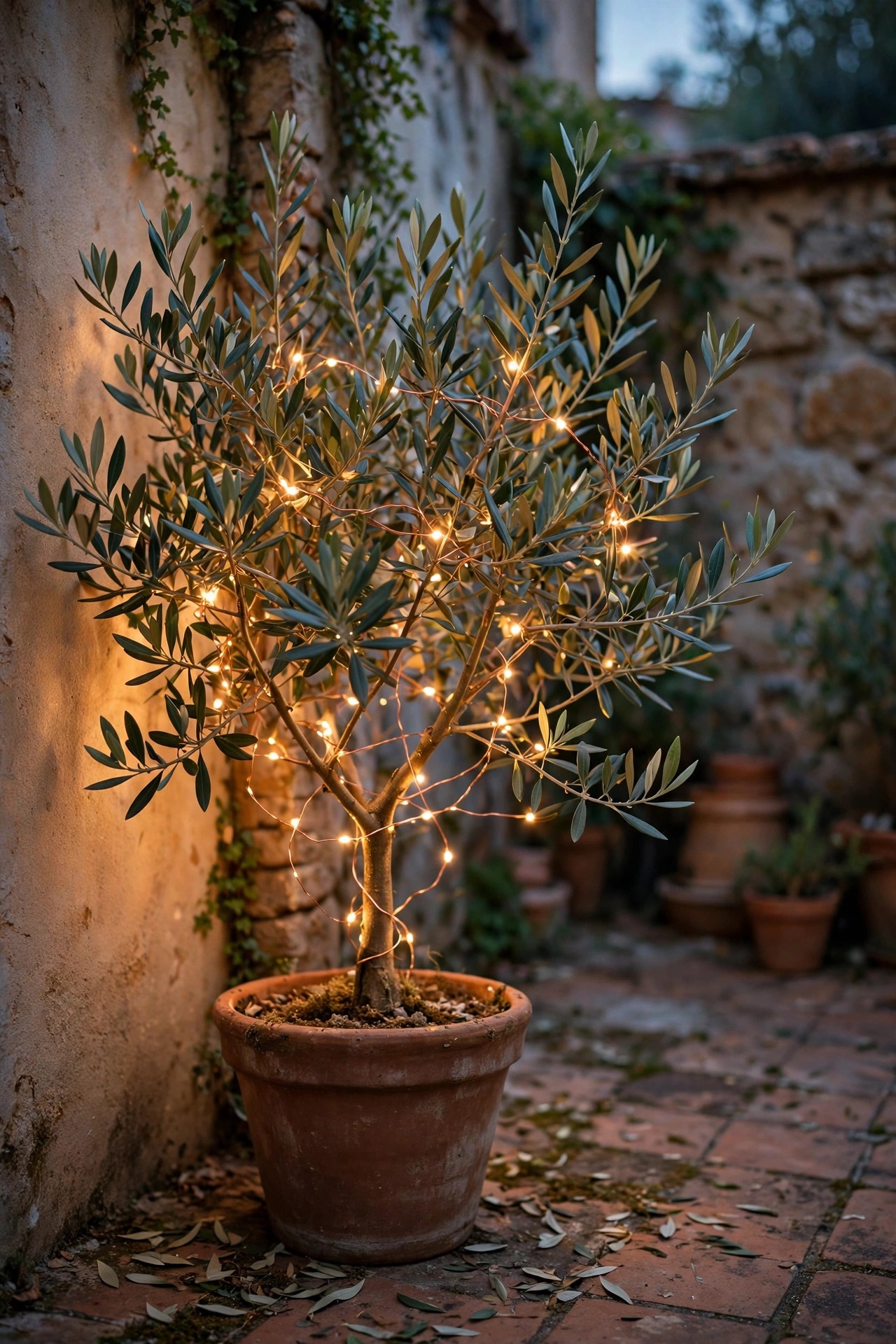 Copper wire fairy lights woven through a potted olive tree in a courtyard corner
