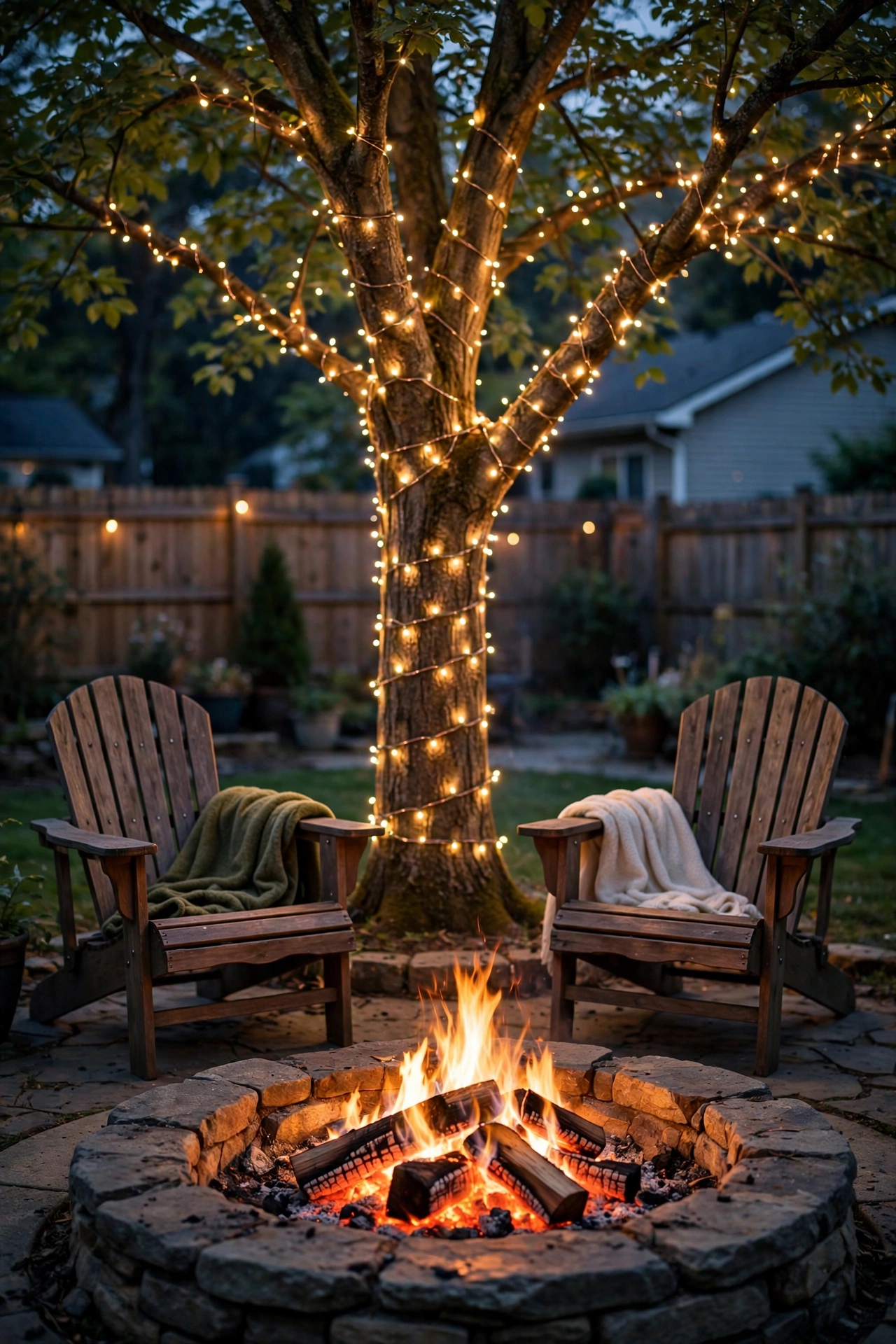 Copper-wire fairy lights wrapped around a tree trunk glowing behind a fire pit seating area