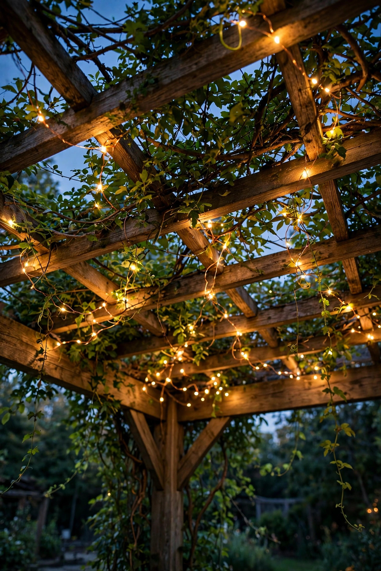 Copper wire solar fairy lights woven through green vines on a pergola roof glowing like fireflies