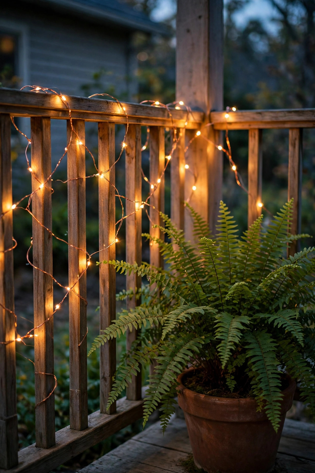 Copper-wire fairy lights woven through a porch railing and a large potted fern at dusk