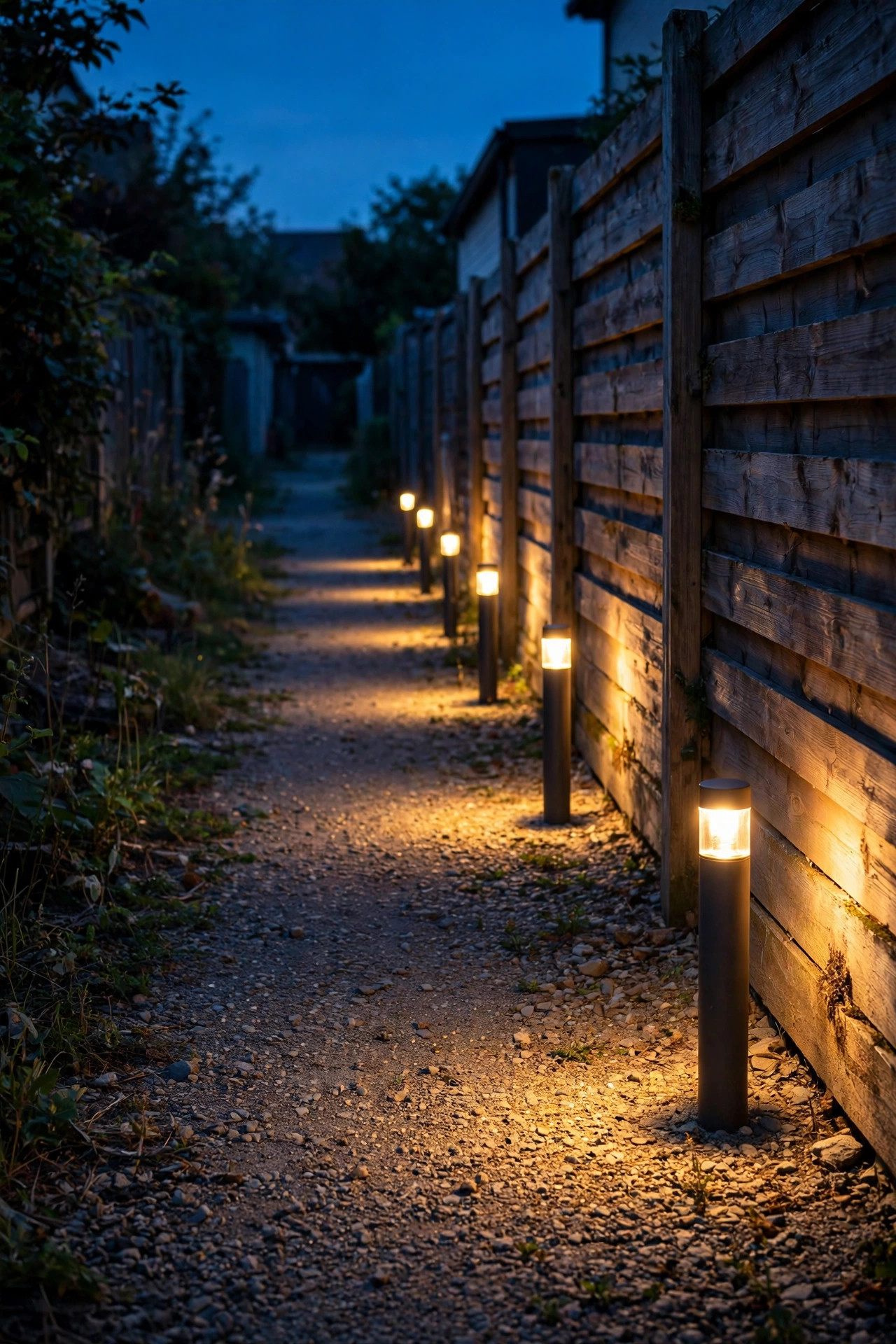 Low voltage bollard lights glowing along a wooden fence in a rear lane at dusk, warm pools of light on the gravel