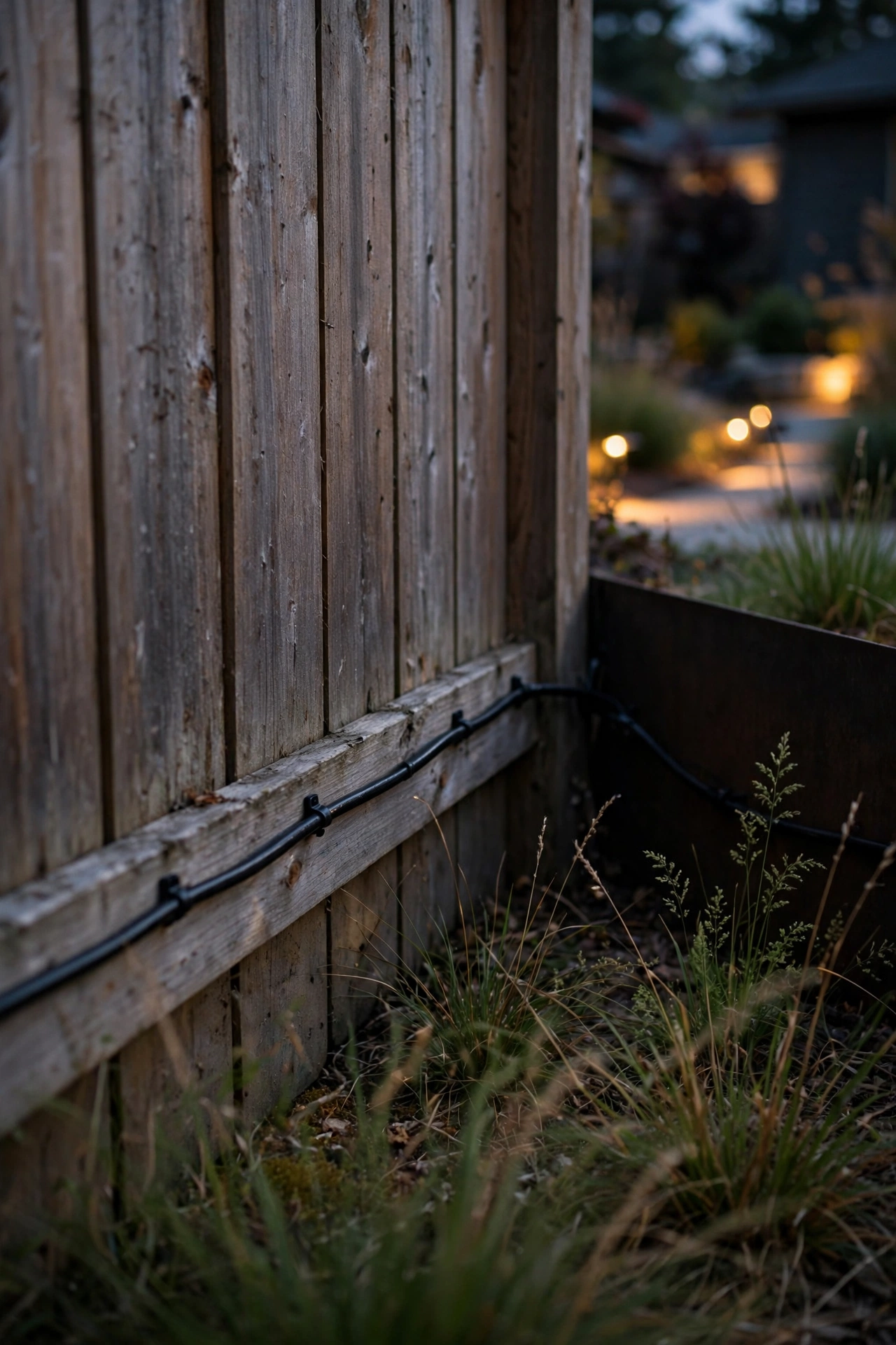 Low-voltage cable clipped neatly along the base of a wooden fence and tucked behind landscape edging at dusk