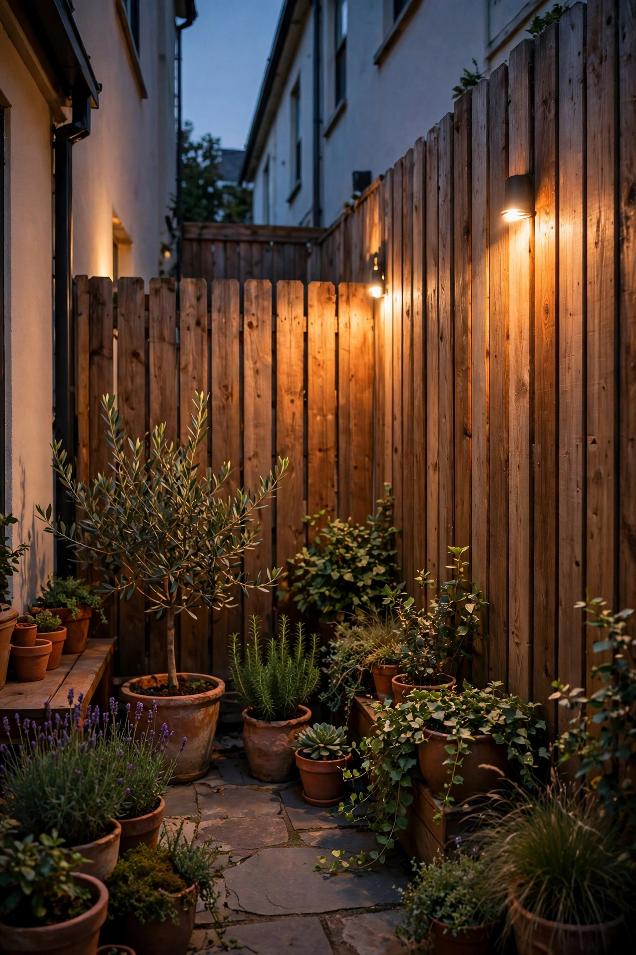 Warm light washing up a wooden privacy fence on a narrow townhome patio with plantings in front