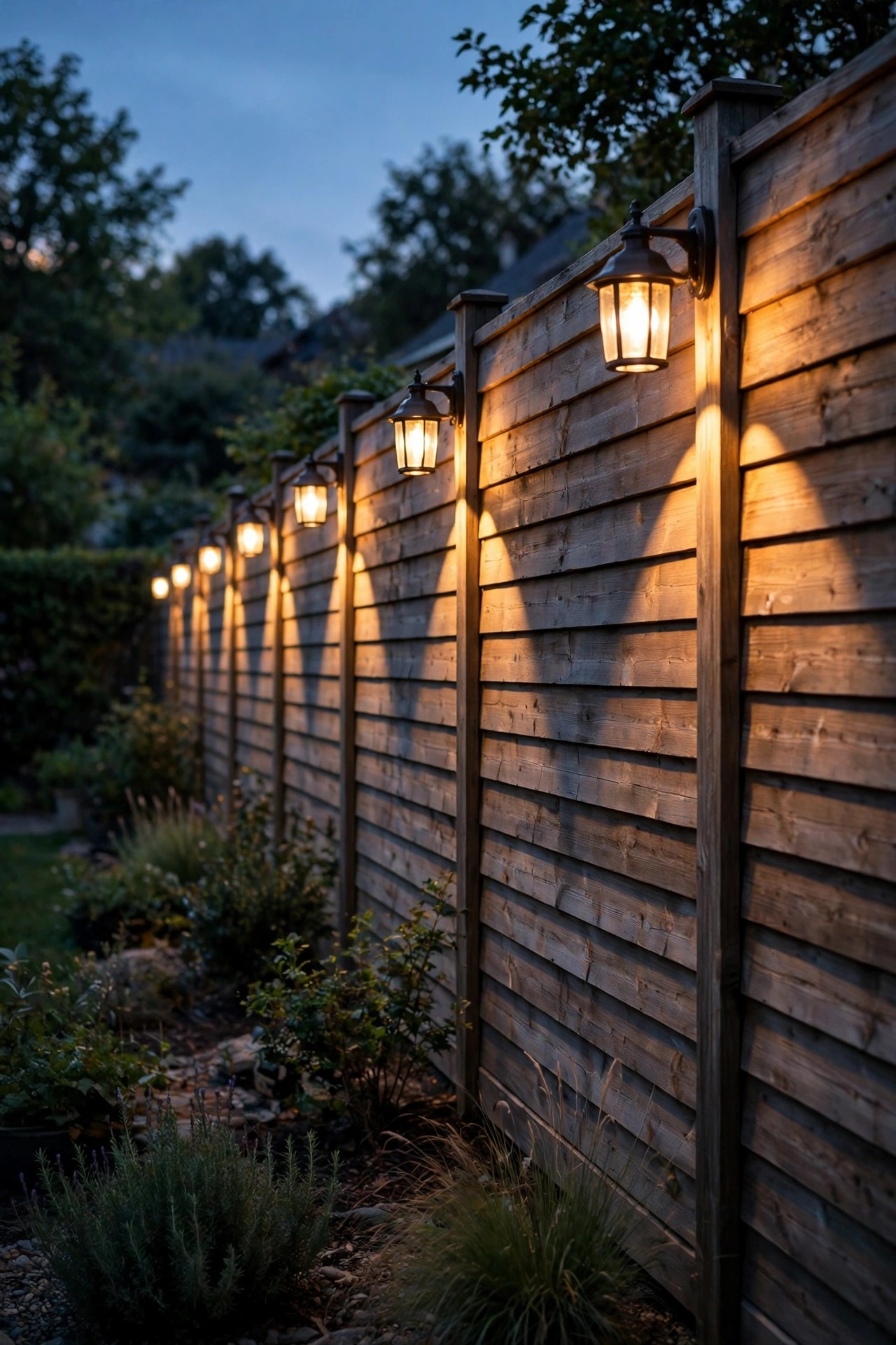 Long backyard fence washed with warm scallops of light from post-mounted fixtures