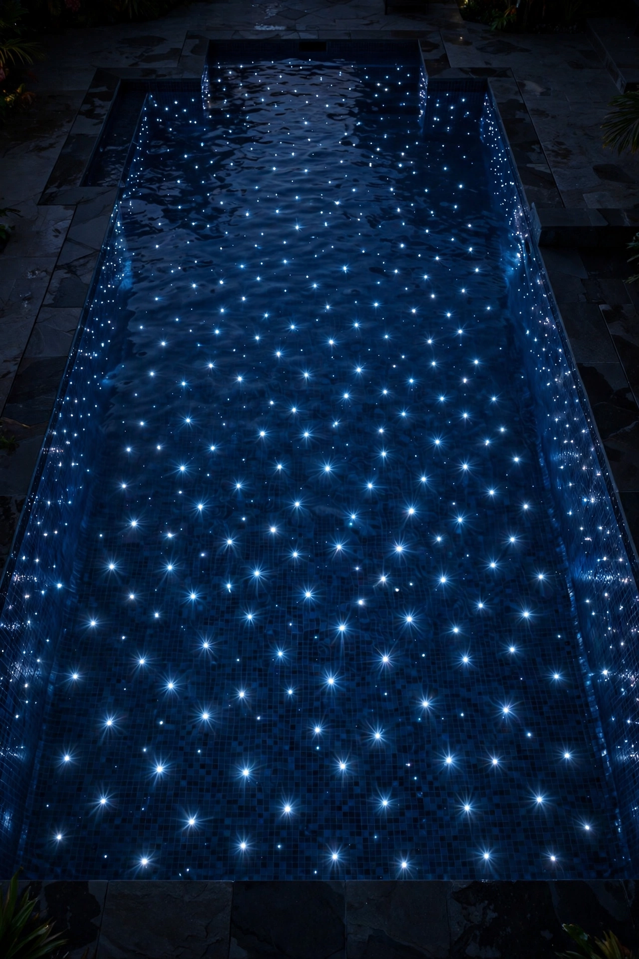 Fiber optic star-like points of light twinkling across a dark blue pool floor at night