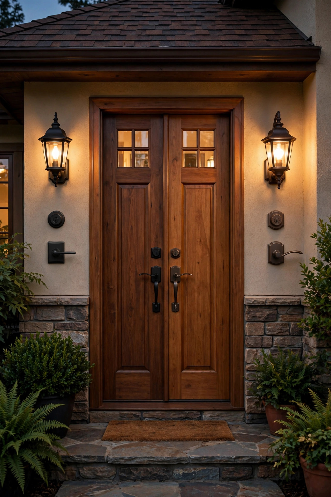 Black and oil-rubbed bronze sconce finishes compared beside matching door hardware