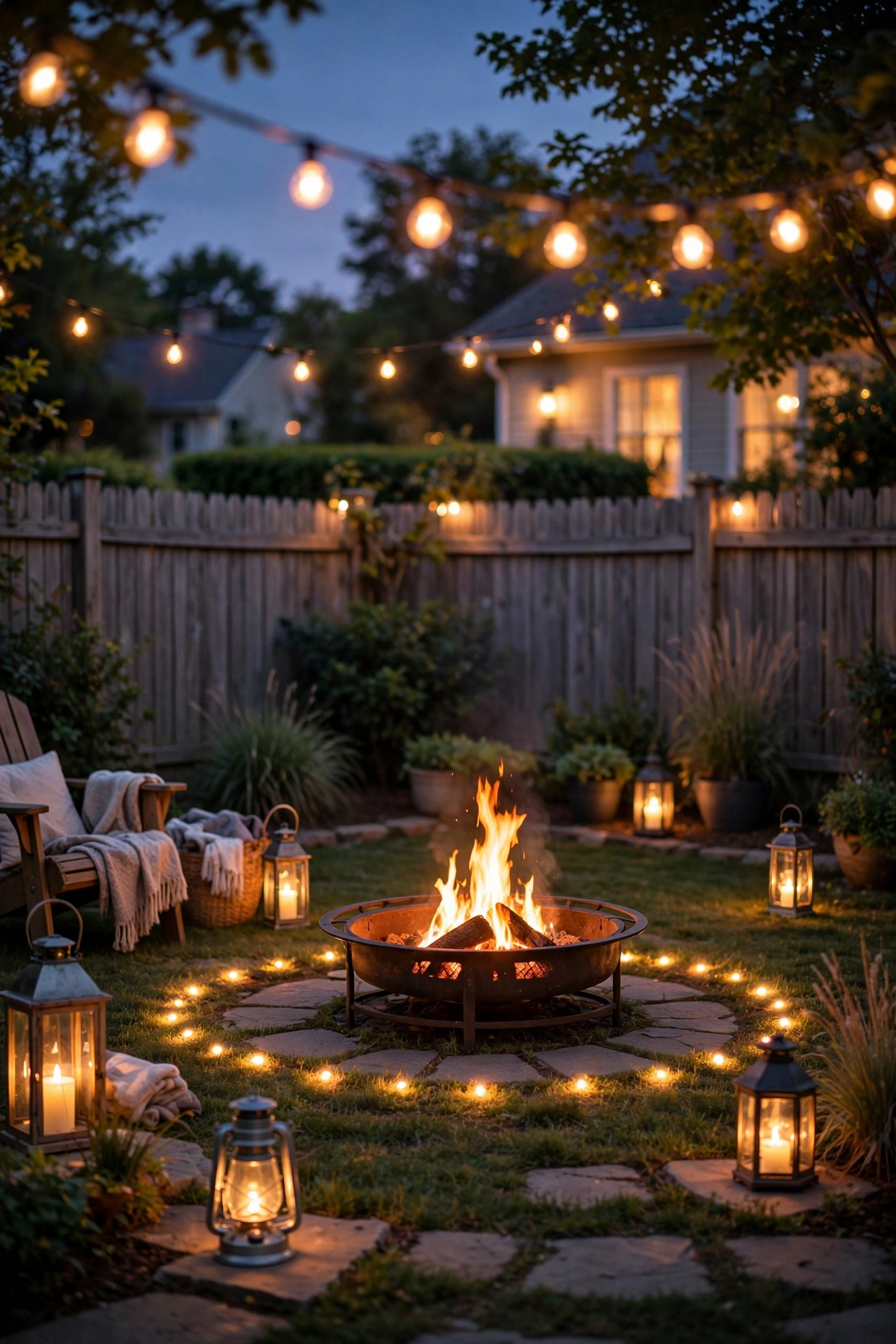 Fire pit surrounded by a ring of warm ground lights with lanterns for evening entertaining