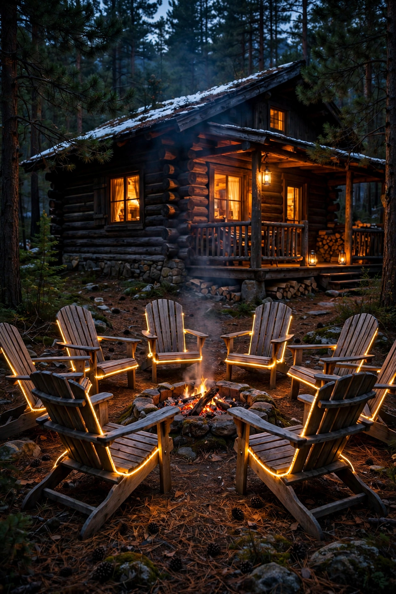 Fire pit seating ring at a rustic cabin with low warm accent lights outlining the chairs