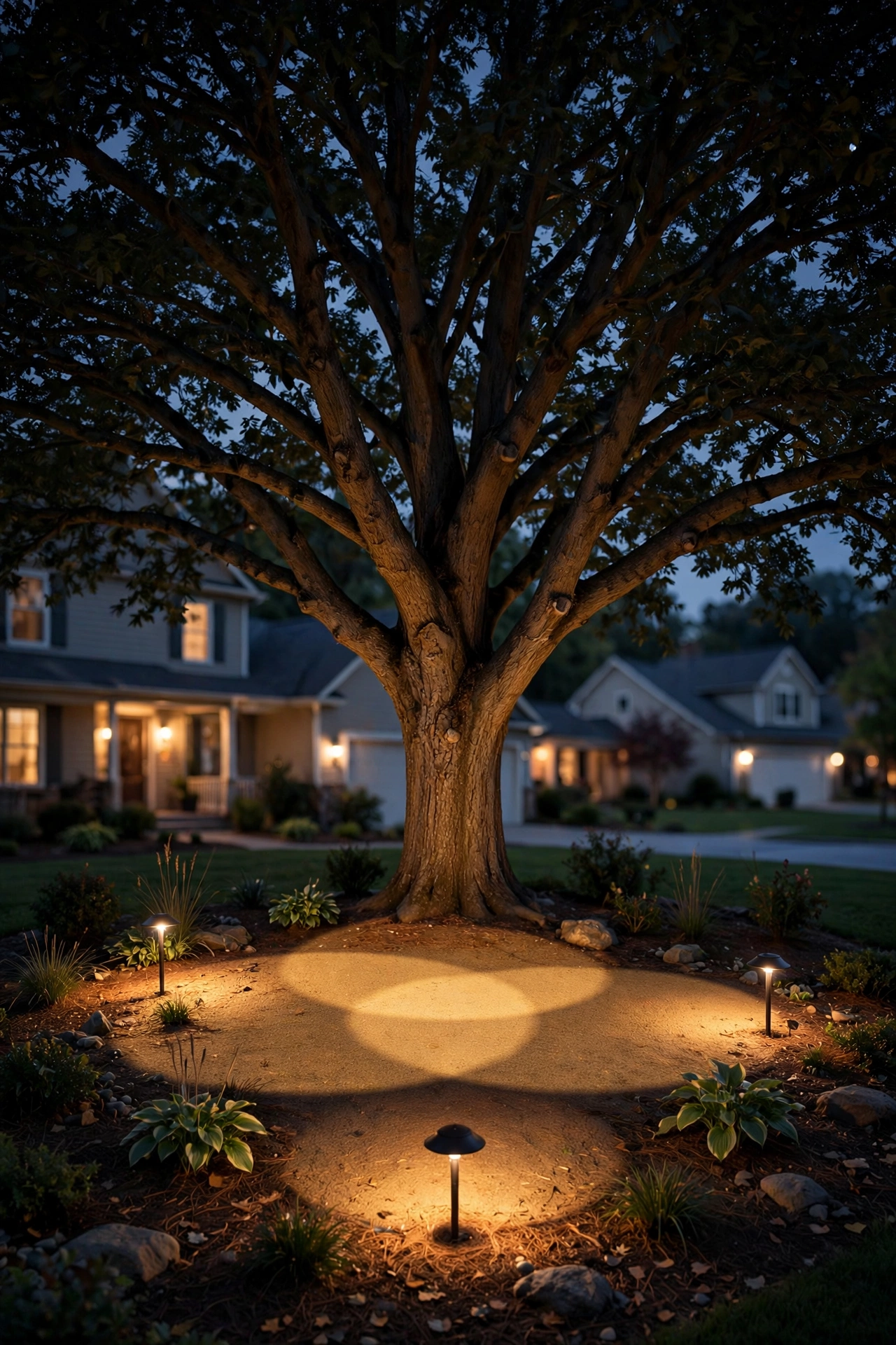 Diagram-style view of a large tree with three moonlighting fixtures spaced around the canopy showing overlapping light zones