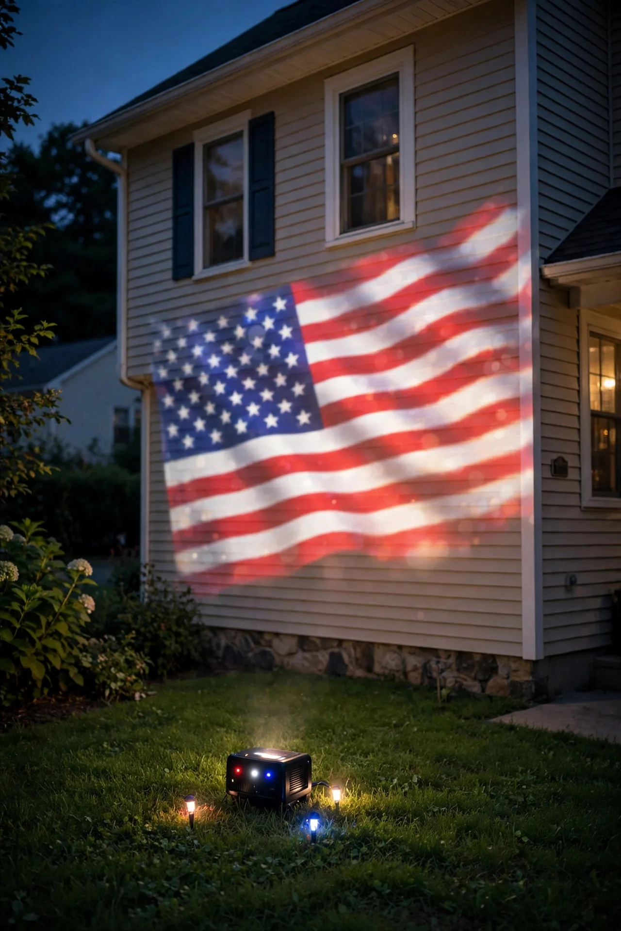 LED projector casting a waving American flag pattern onto a house wall at night
