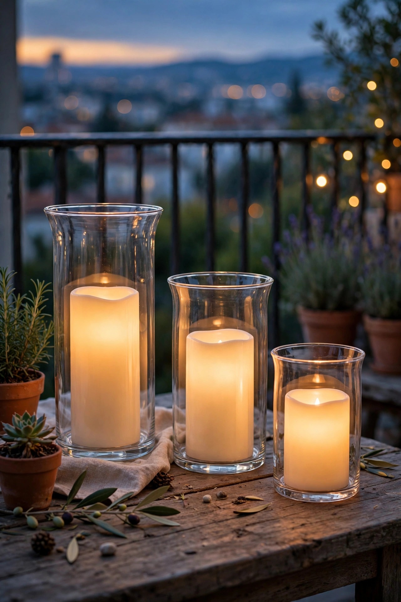 Flameless LED candles glowing inside glass hurricane holders on a balcony table at dusk