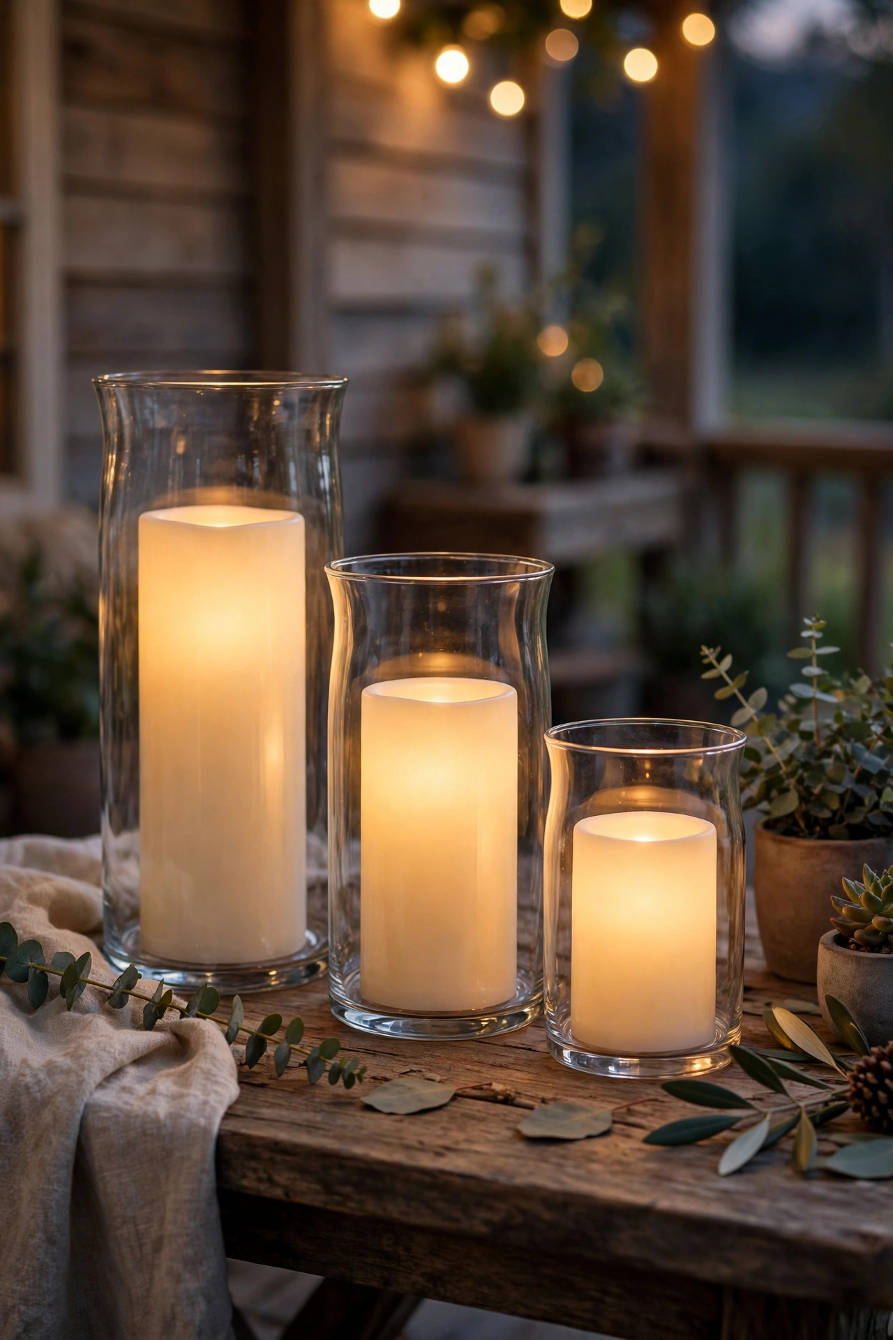 Flameless LED candles in glass hurricanes glowing warmly on a cozy rental porch table
