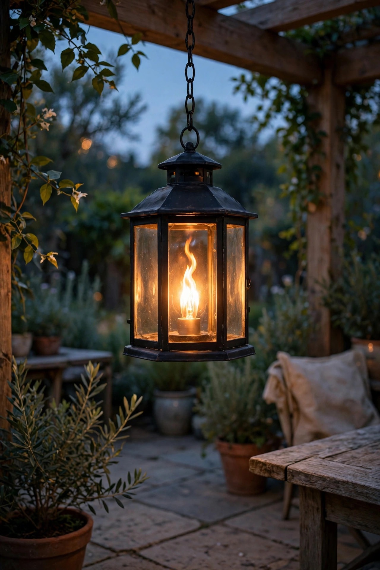 Outdoor lantern with a flickering flame effect LED bulb glowing on a patio