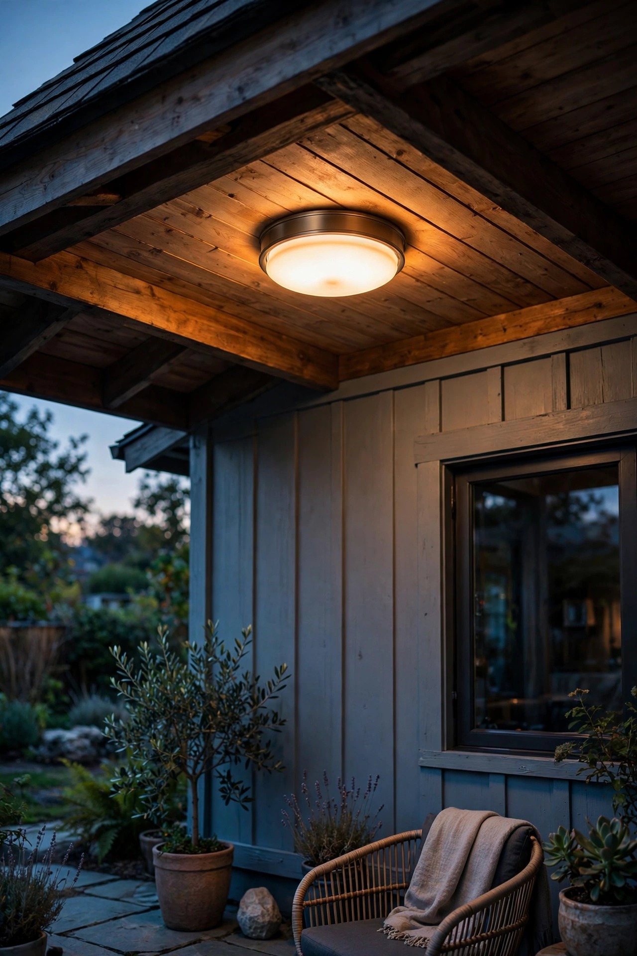 Flush-mount ceiling light glowing under the roof overhang of a small guest house patio