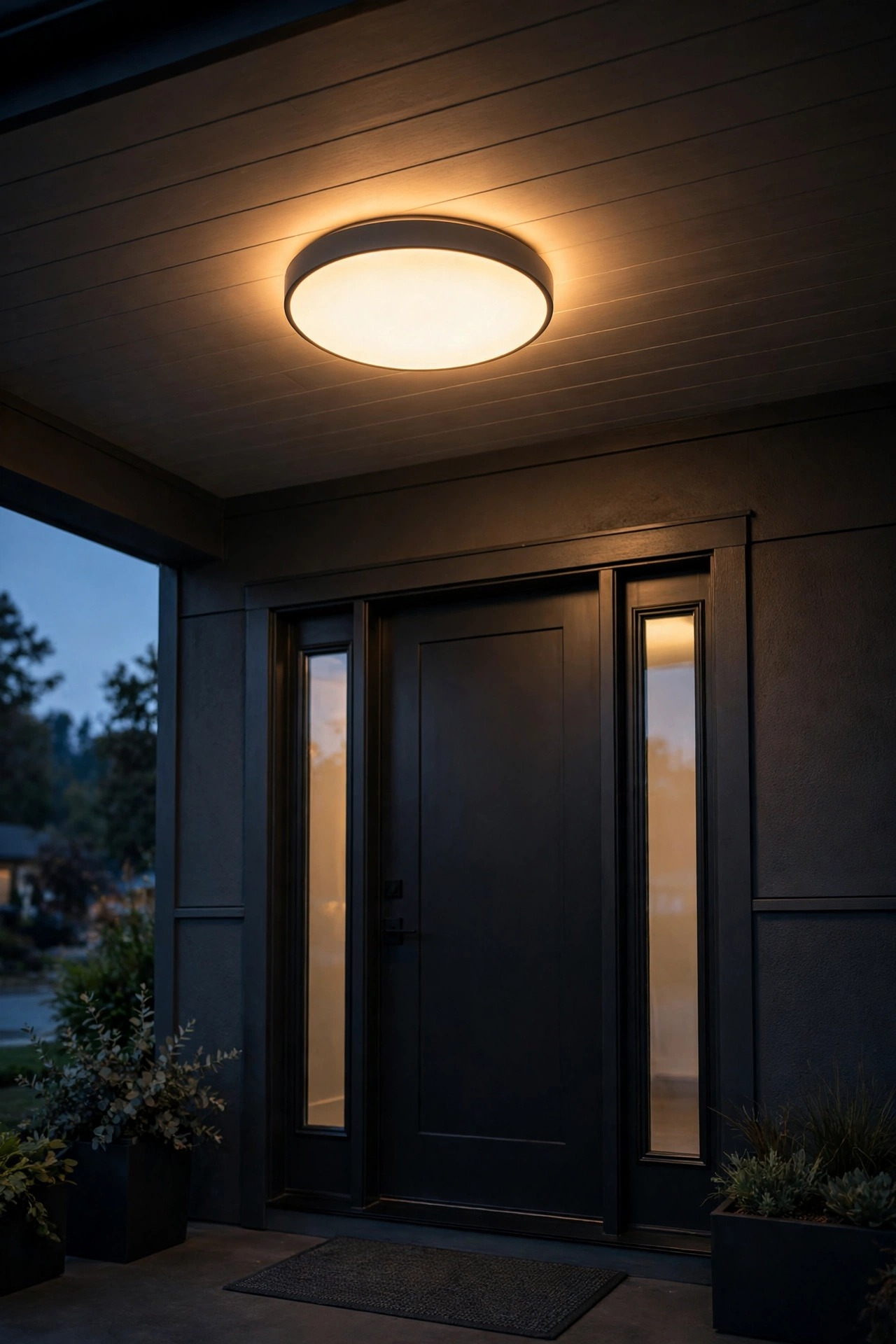 Slim round flush mount ceiling light glowing warm on a low modern porch ceiling above a front door at dusk