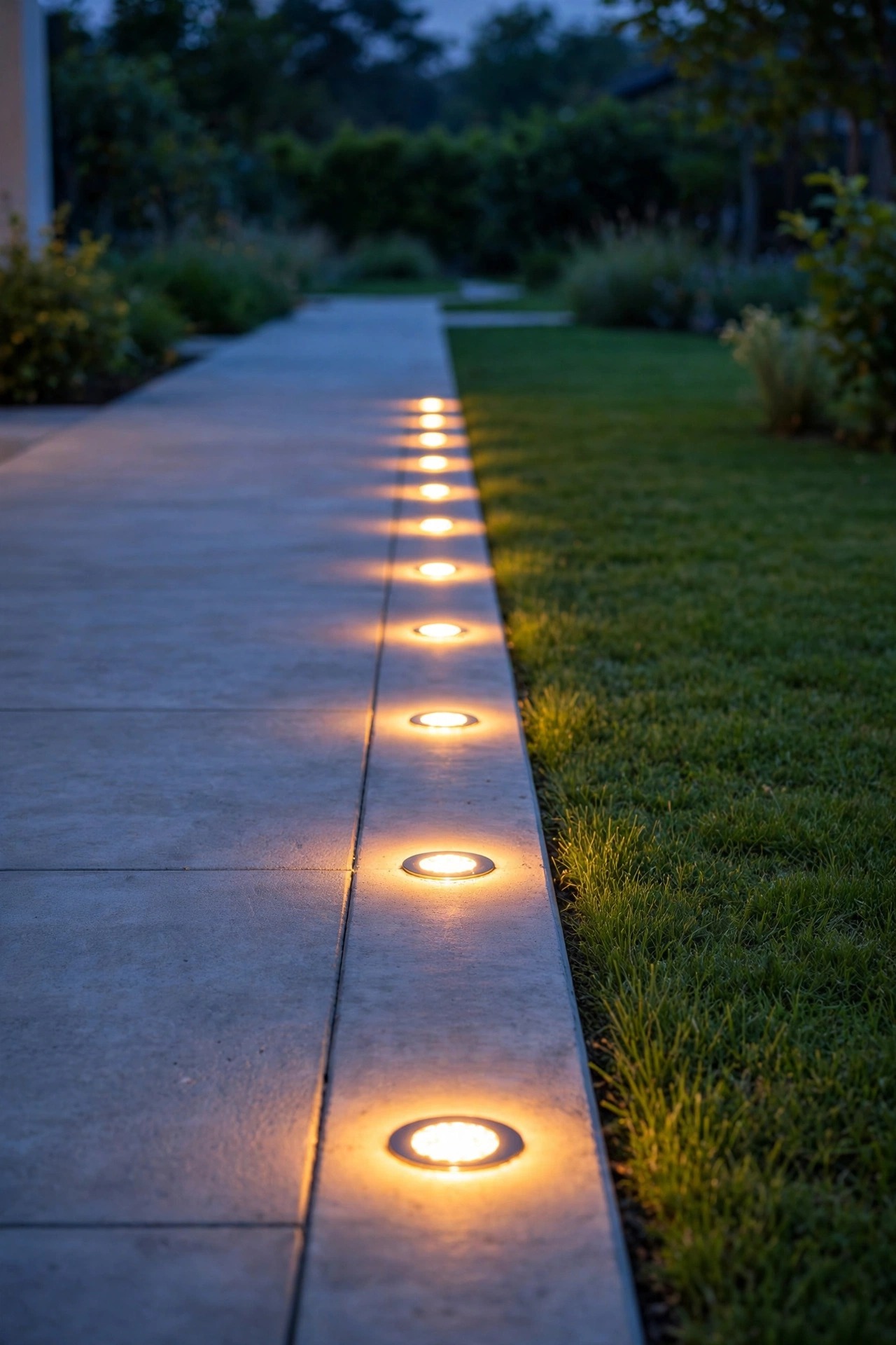 Flush in-ground solar disc lights glowing flat and warm along the edge of a modern concrete walkway at dusk, neat green lawn beside the path