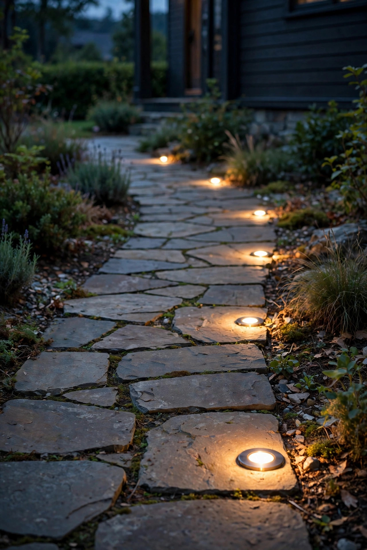 Flush in-ground well lights glowing at ground level along the edge of a narrow flagstone path at dusk