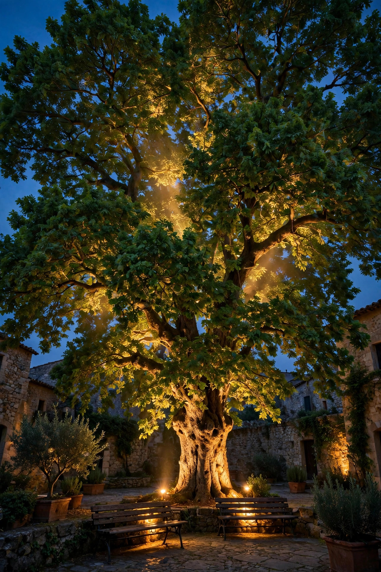 Large courtyard tree uplighted from below at dusk, warm light filtering through the canopy over benches