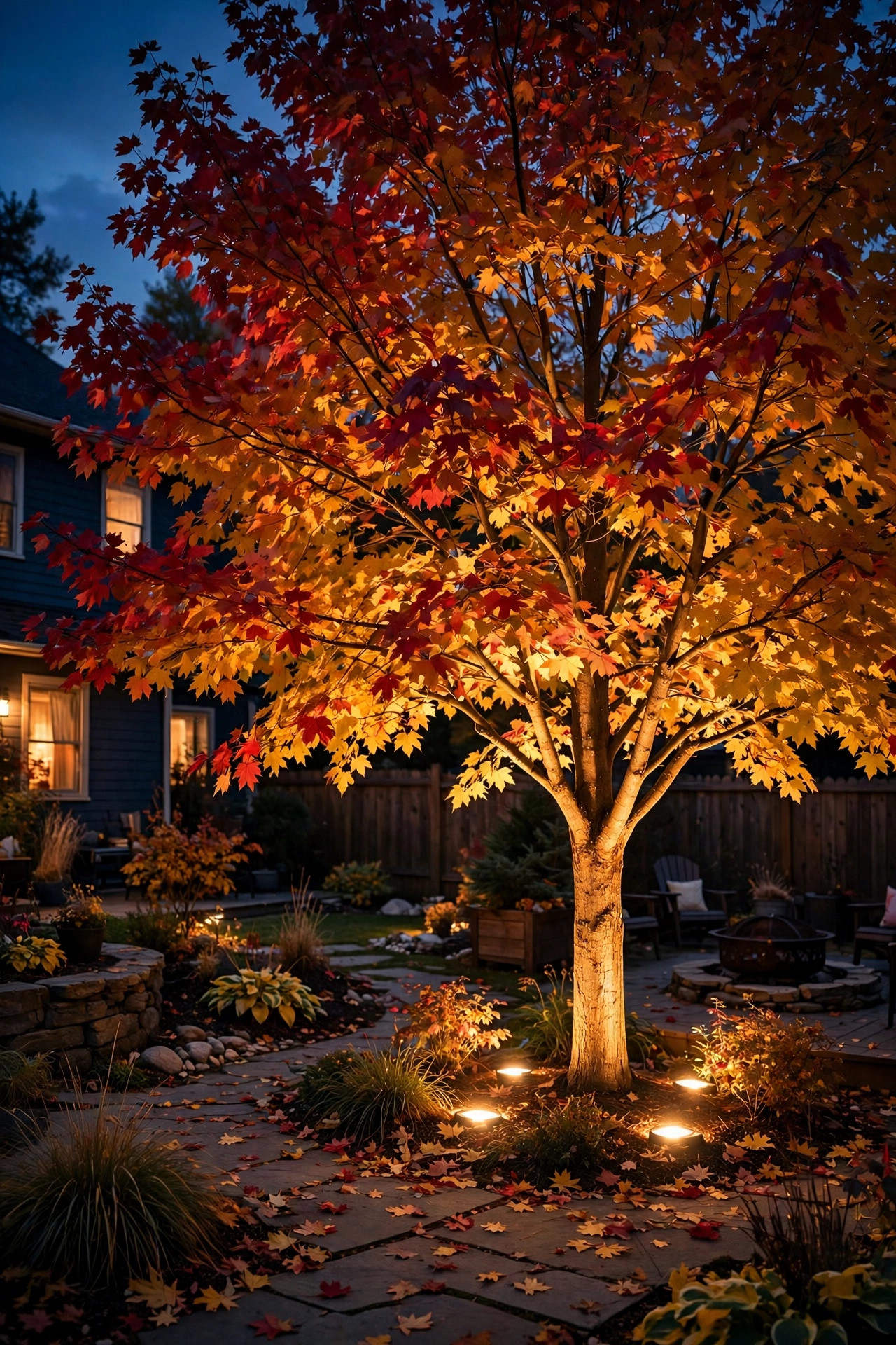 Warm uplight glowing into a maple tree with red and gold fall foliage over a backyard at night