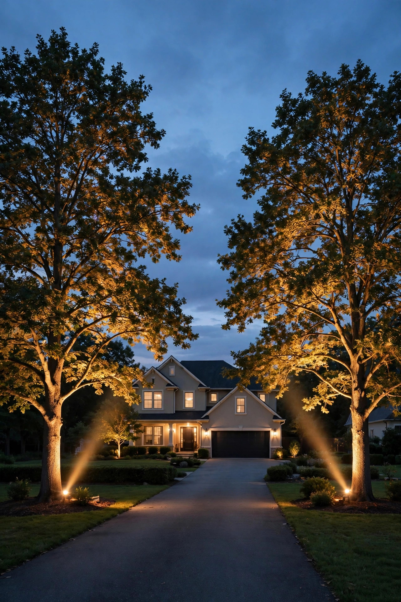Two matching trees flanking a suburban home's driveway, each cross-lit with warm spotlights, framing the house at dusk