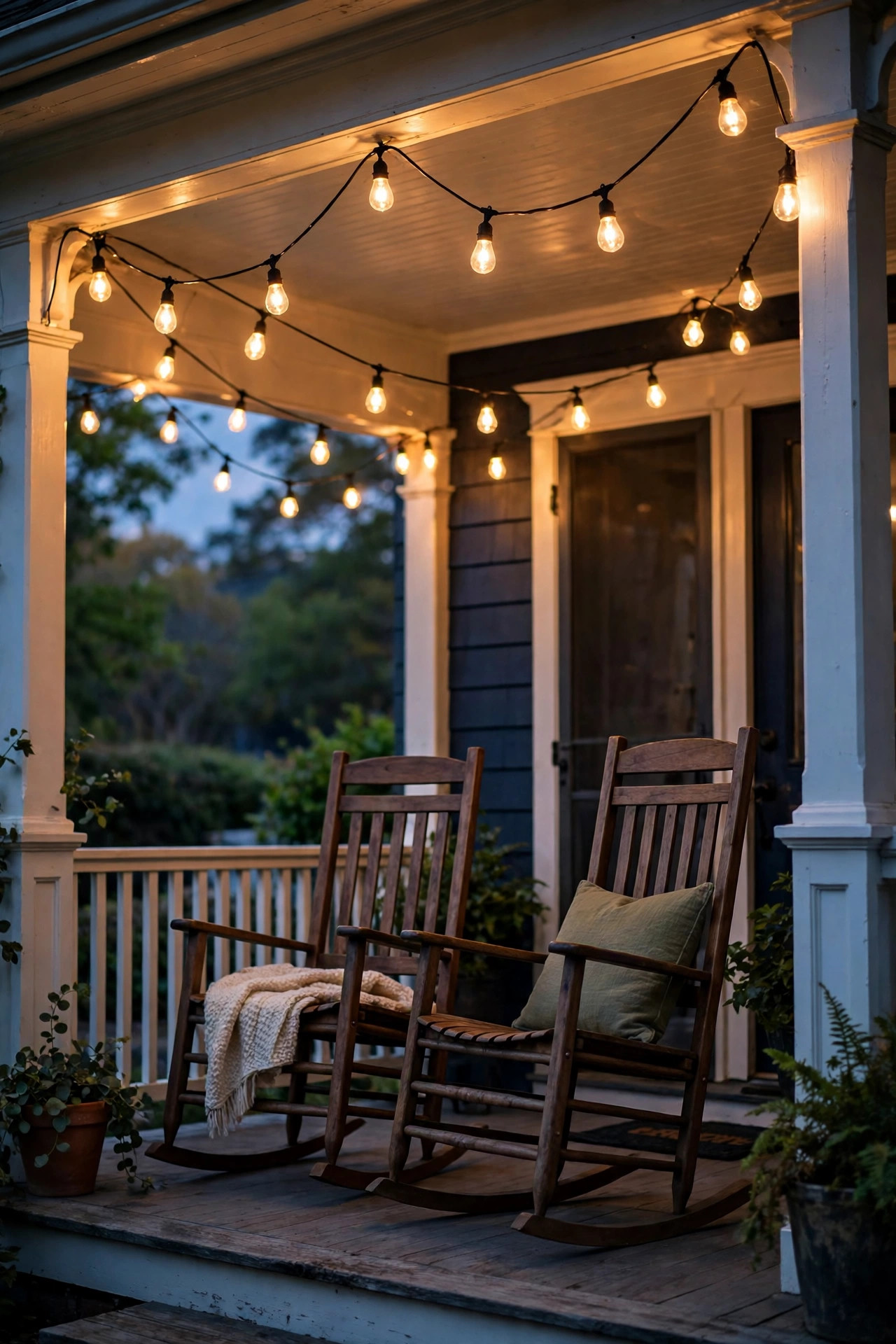 Edison bulb string lights swagged across a front porch ceiling above rocking chairs in the evening