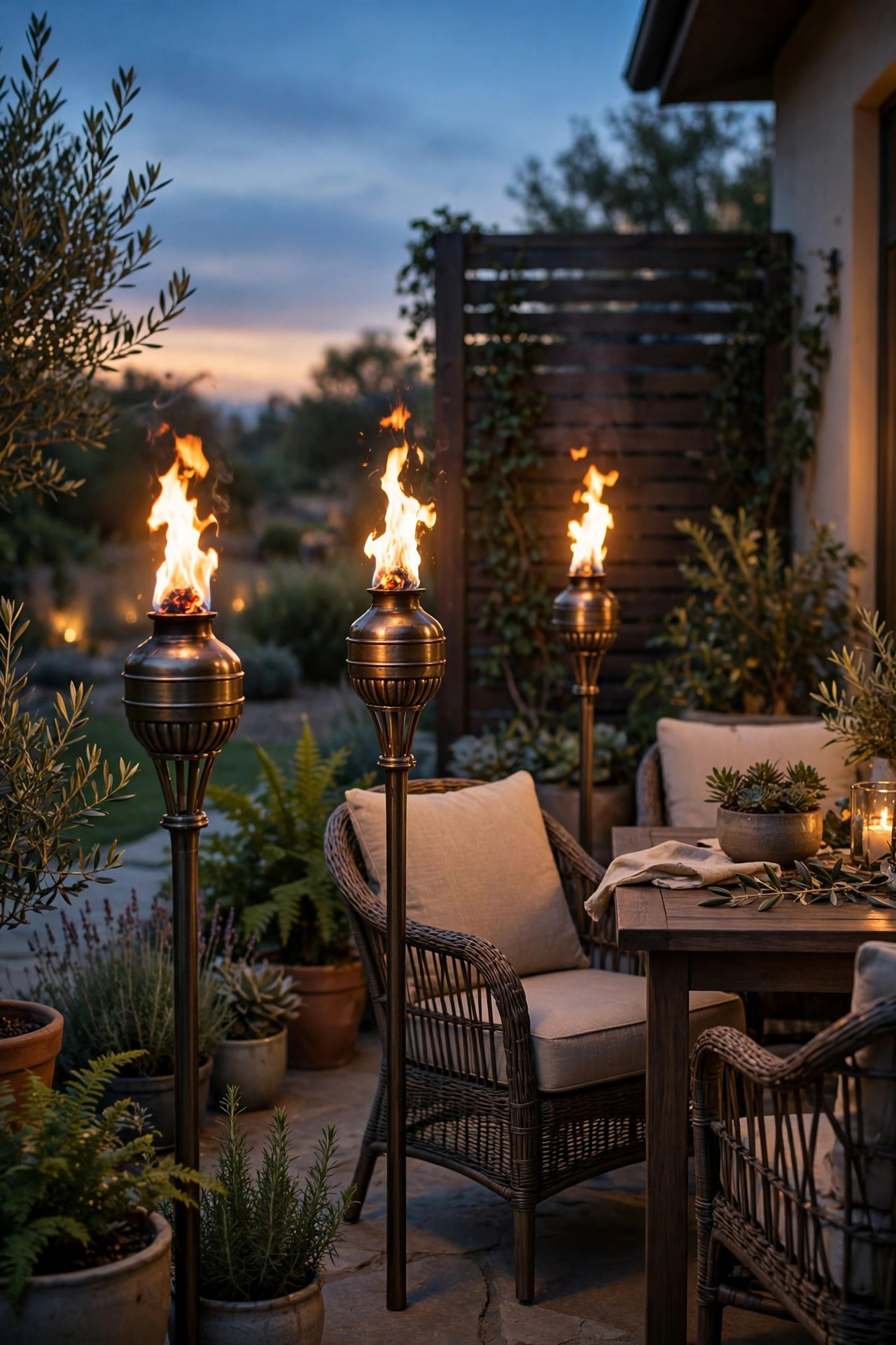 Classic metal fuel tiki torches with real flames burning beside a patio seating area at dusk