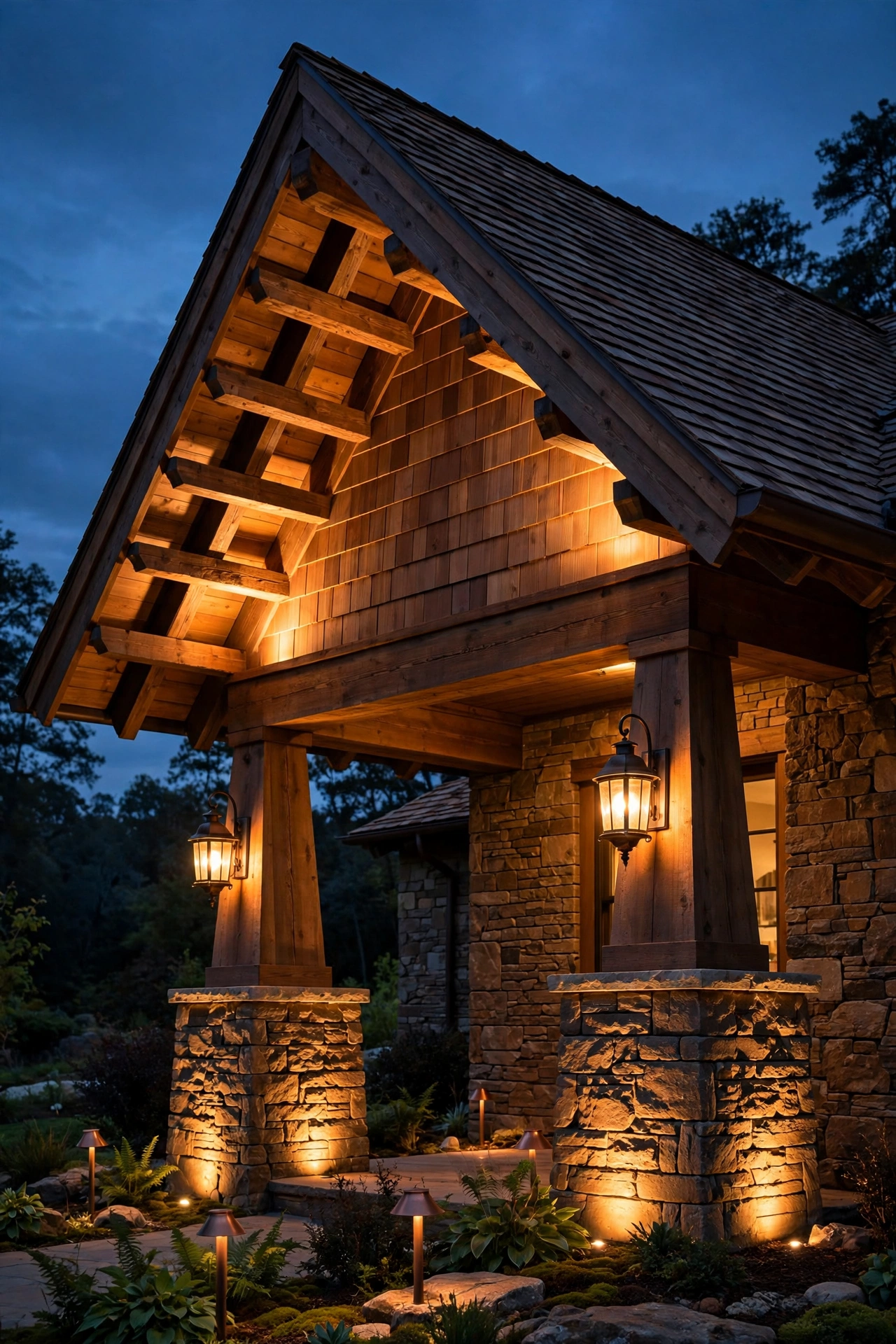 Warm uplights washing a craftsman bungalow gable with exposed rafter tails at night