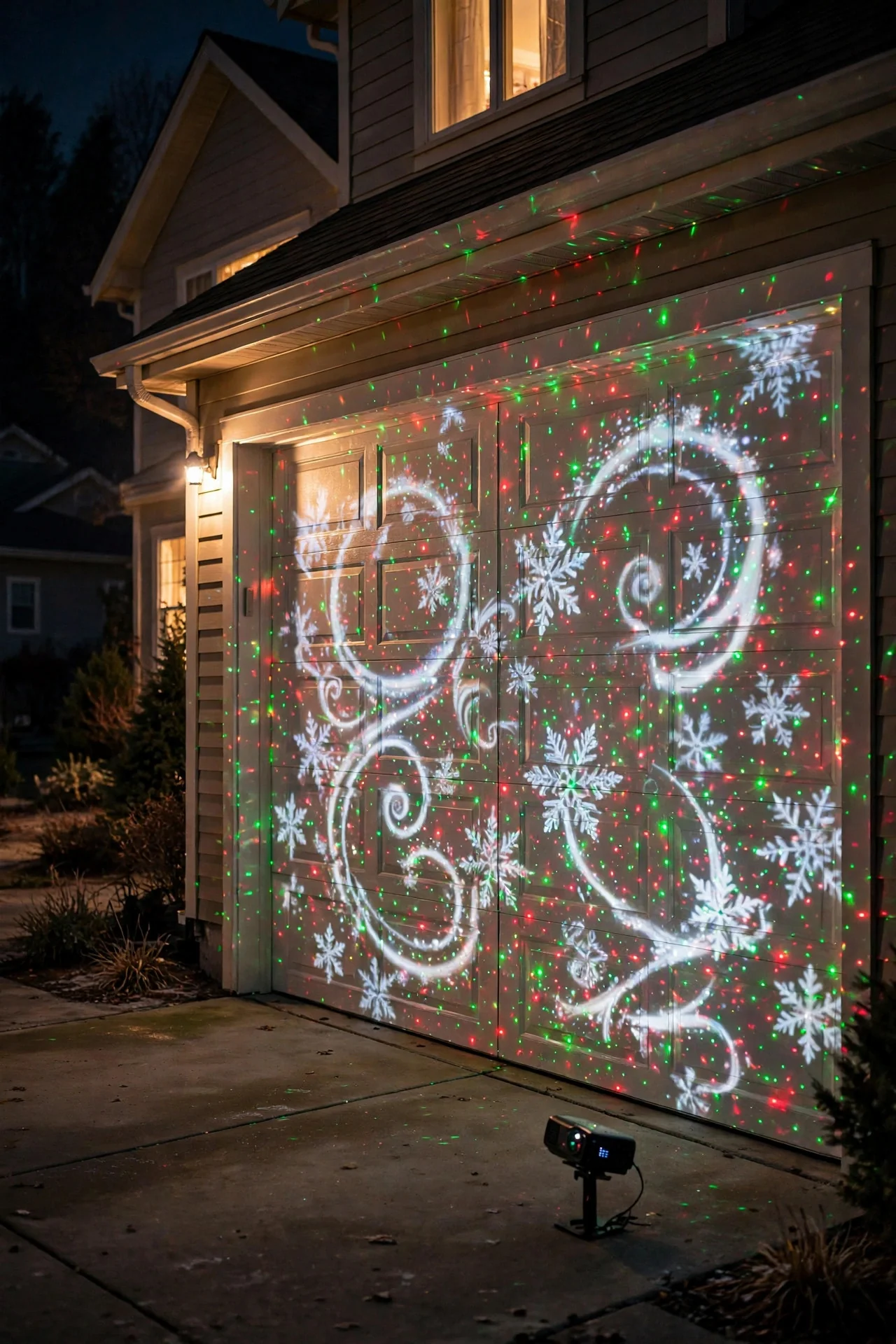 Holiday light projection covering a double garage door like a glowing canvas