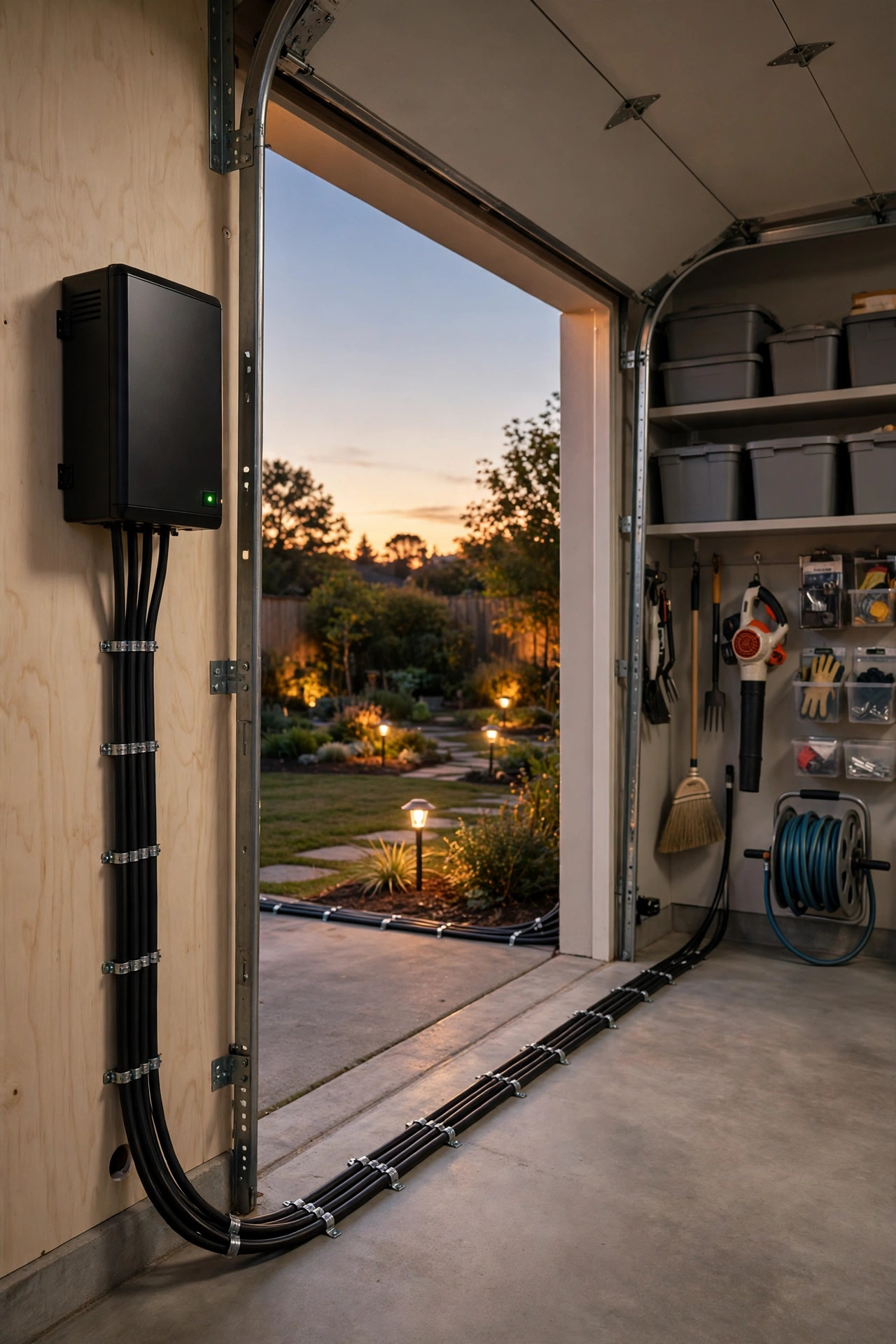 Landscape lighting transformer mounted inside a tidy garage near the door, low-voltage cables running neatly out to the yard
