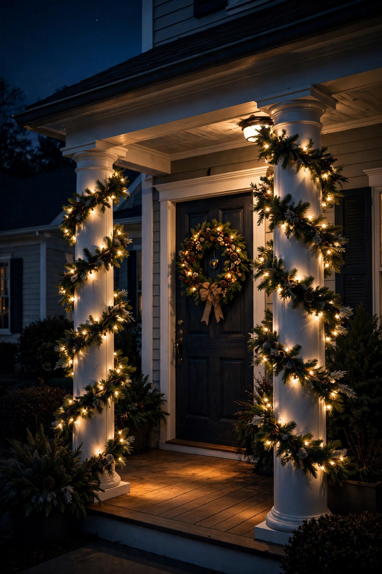 Porch columns wrapped in pre-lit garland glowing warmly on a suburban home at night